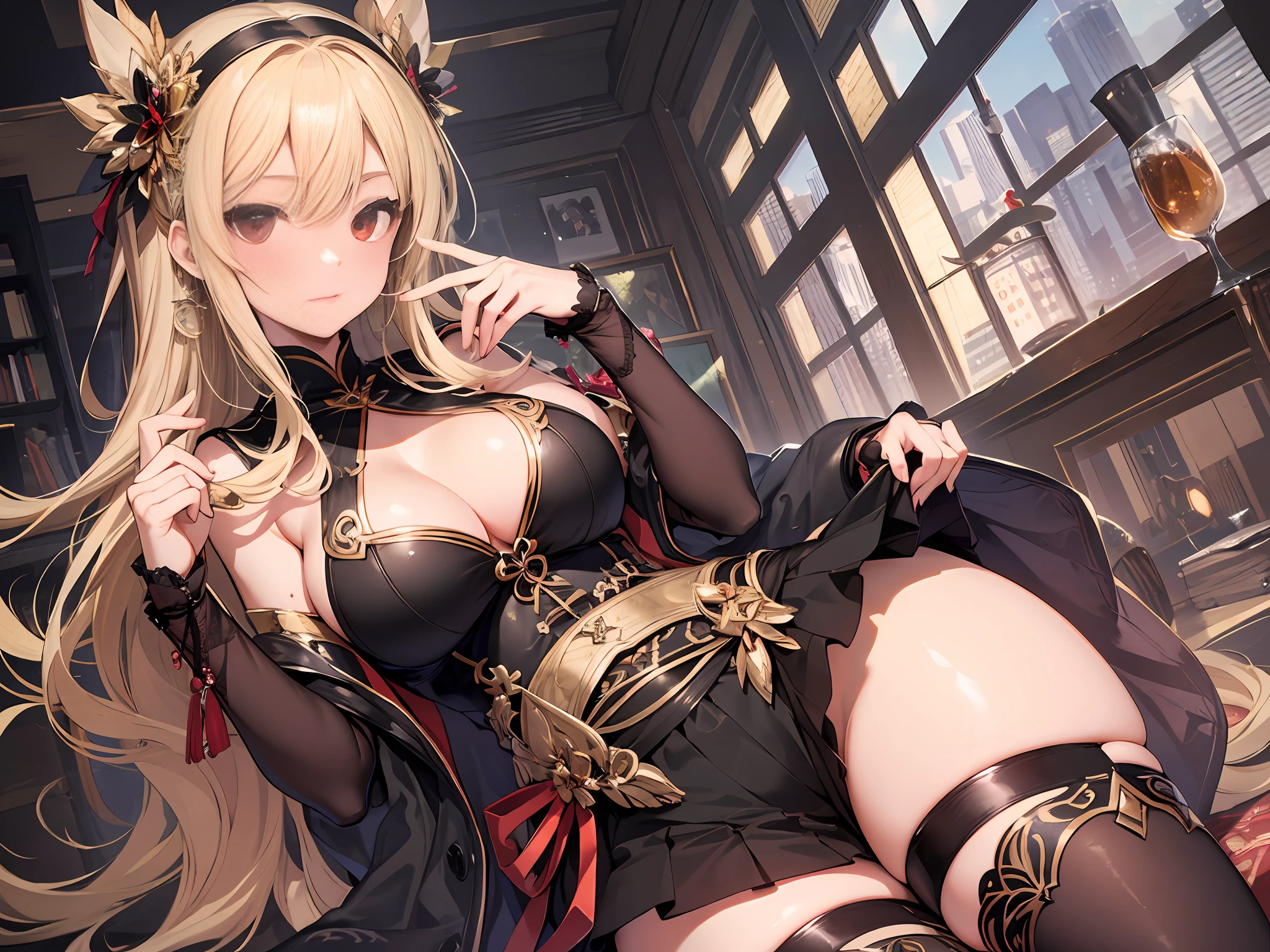 masterpiece, best quality, high_resolution, fine detail, very detailed and beautiful, distinct_image, 1个女孩, Solo,Blonde,Front facing, Red eyes, (huge breasts), (),(miniskirt),(thighhigh),sister costume