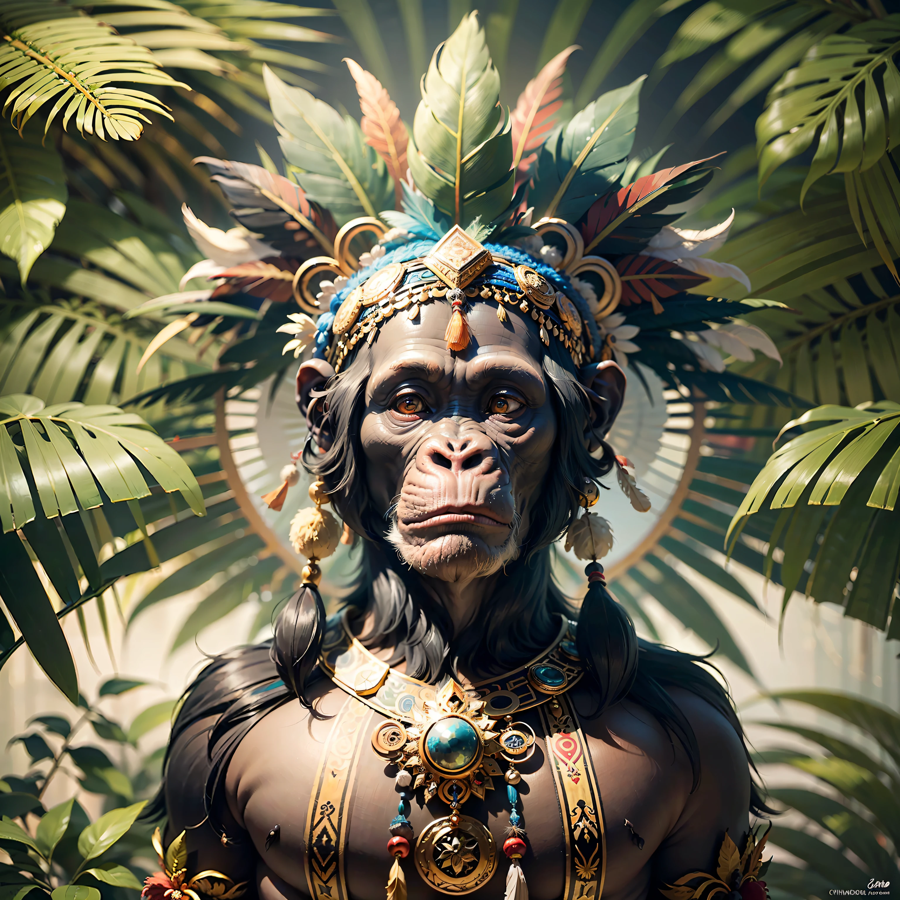 Chimpanzee Head ((Celestial)),,((meditative state),,Shaman, elegant chimpanzee, hair with details, with Indian headdress on head, ((meditating)) many colorful feathers, colorful feathers, facing the camera, detail: dense tropical foliage, highly detailed intricate, ((masterpiece)), ultra hyperrealistic, masterpiece