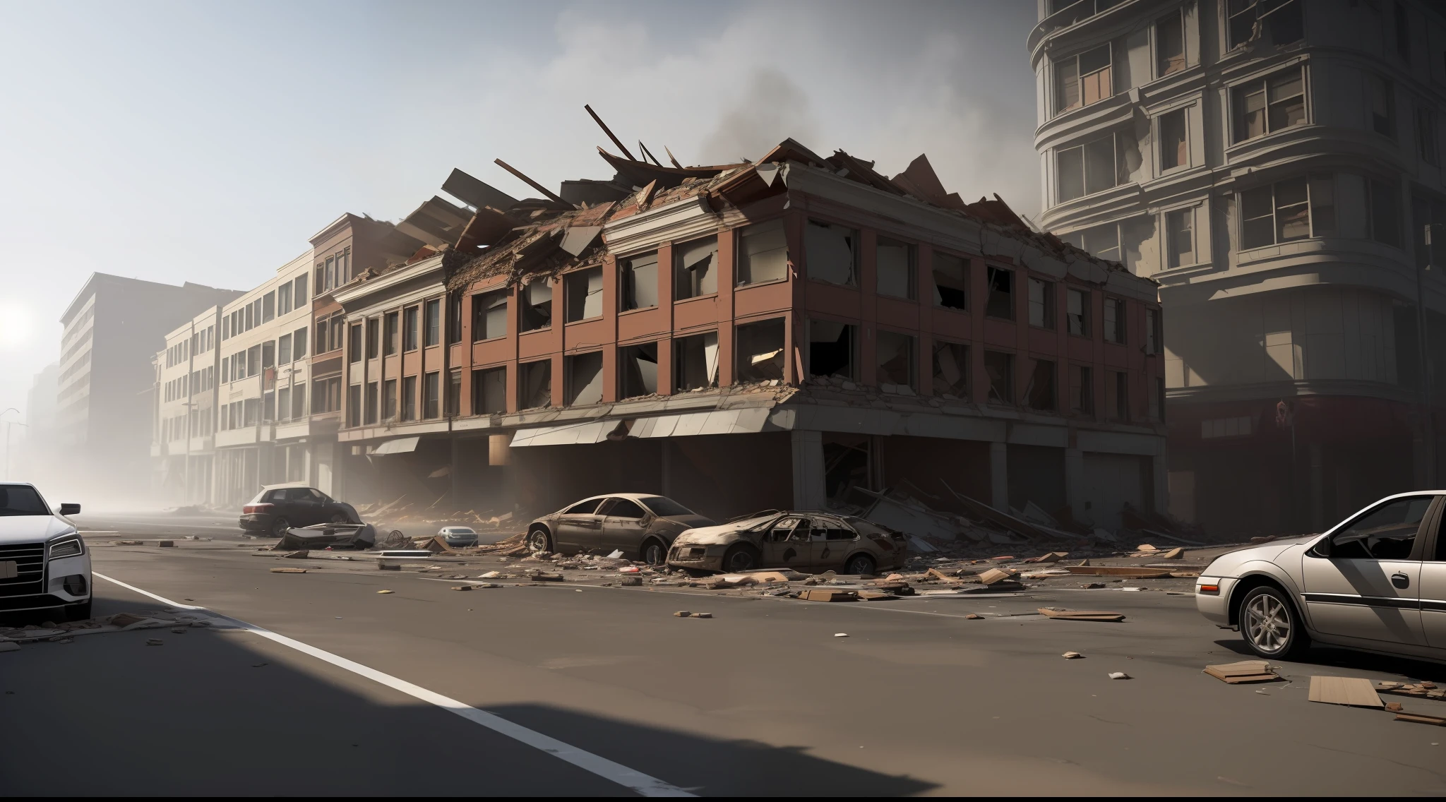 San Francisco Collapsed buildings with crumbling buildings and debris-filled streets depicting the aftermath of destruction, cars covered in dust, foggy weather, Ultra 8k, gray weather, realism, cinematic lighting, volumetric lighting, detailed, background blur