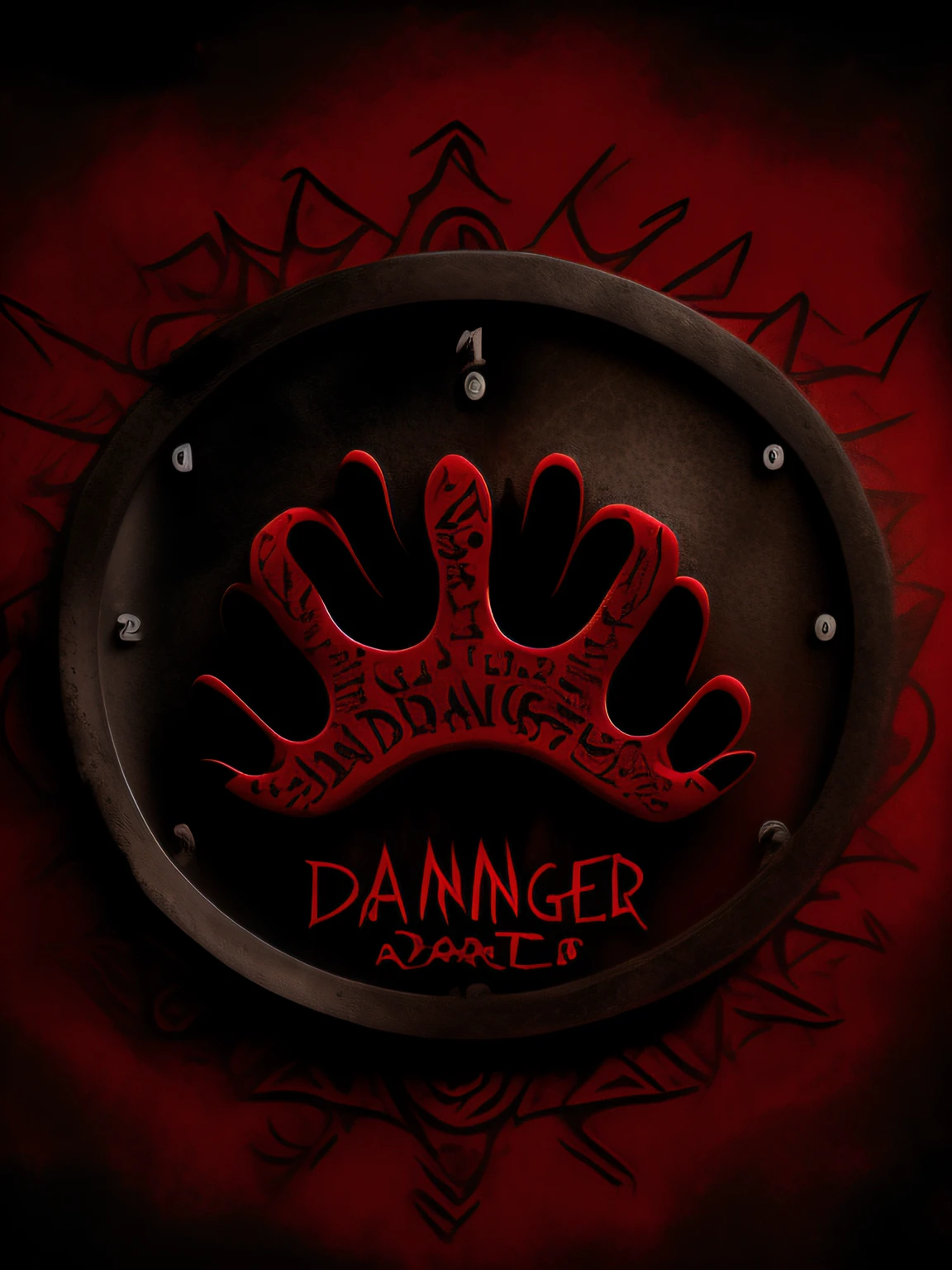 8k resolution drawing in black and dark red colors, written DANGER in the background and with jaguar paw mark on the drawing, a degraded periogo plate with time in the background of the image