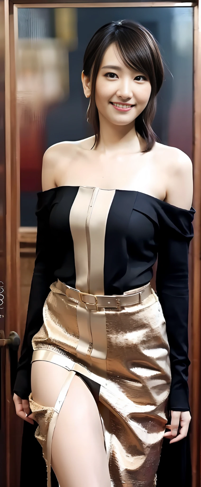 (Best Quality, 8k, 32k, Masterpiece, UHD:1.2), 1 Girl, Smile, ,Big, Fine Details,(slit dress),(thighhigh),