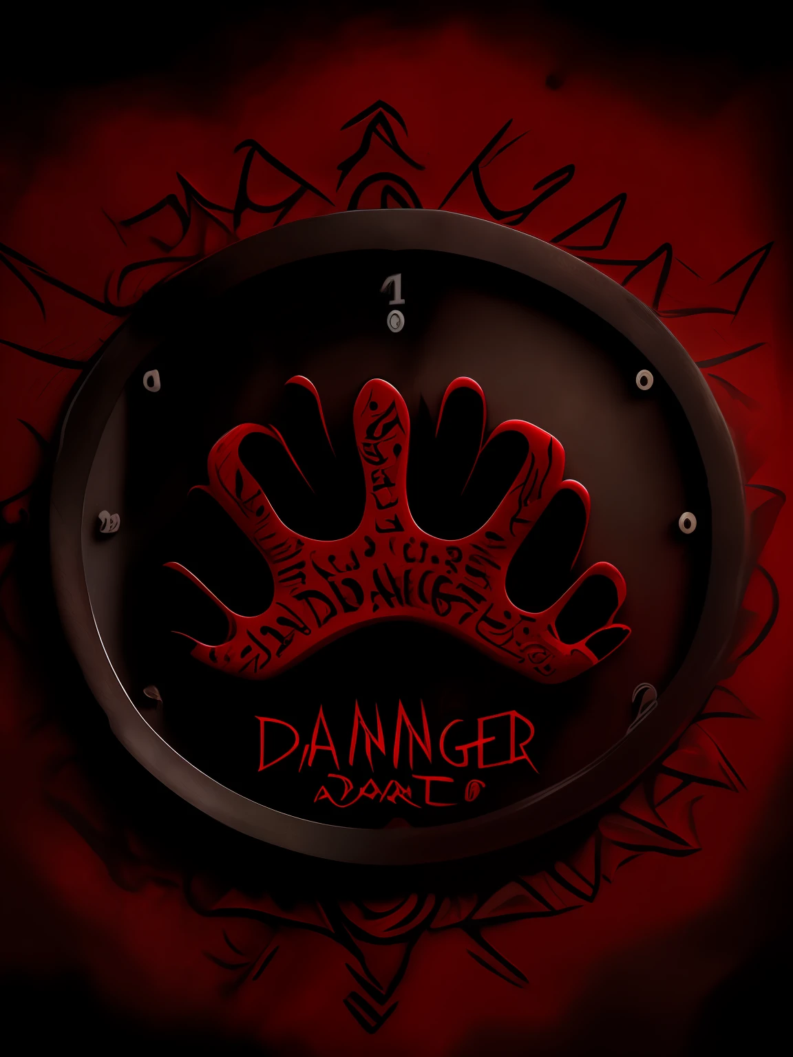 8k resolution drawing in black and dark red colors, written DANGER in the background and with jaguar paw mark on the drawing, a degraded periogo plate with time in the background of the image