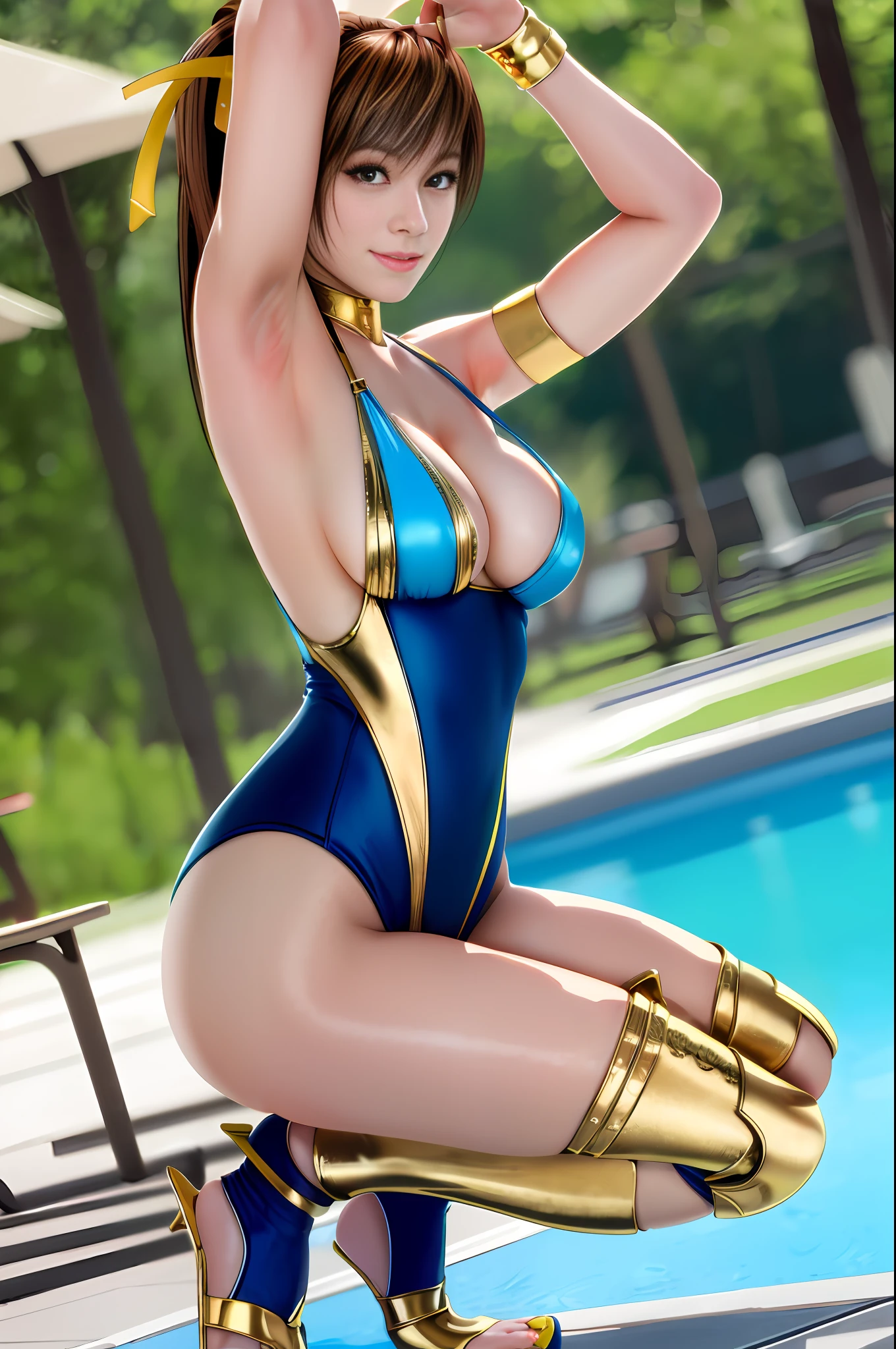 Masterpiece, Best Picture Quality, Best Quality, 8K Quality, 1 Girl, Haze, Smile, Embarrassing, Blushing, Light Brown Hair, Ponytail, Yellow Ribbon at the Base of Ponytail, Big, ((Hard Nipples)), Golden Metallic, Sleeveless, High-Neck Competitive Swimsuit, High Leg, ((Strong penetration into the crotch))), Golden Metallic Knee High Stockings, Golden metallic pin heels, squatting on the ground, crotch wide open from side to side, legs open, arms raised, armpits showing, staring at viewer, facing the viewer, crotch wide open to face viewer, poolside, professional lighting, shooting from the front