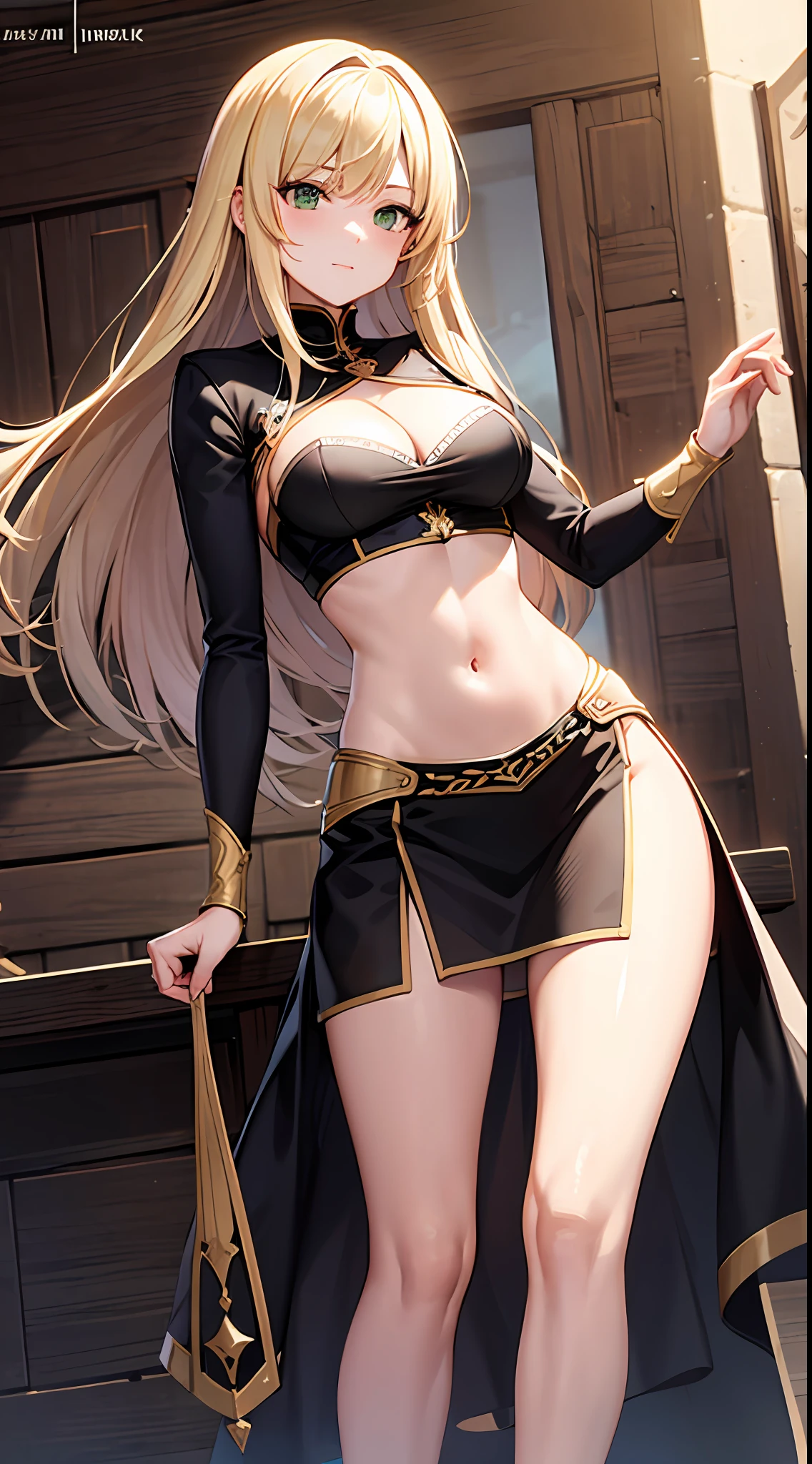 blonde hair, long hair, green eyes, cleavage, medium breast, skirt, slim legs, fighter, mediaeval, navel, nervous