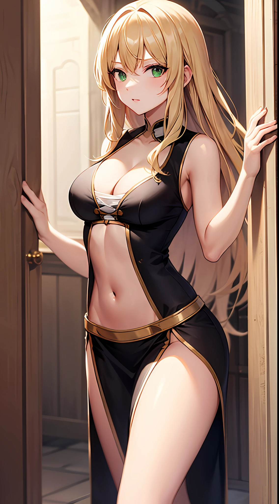 blonde hair, long hair, green eyes, cleavage, medium breast, skirt, slim legs, fighter, mediaeval, navel, nervous