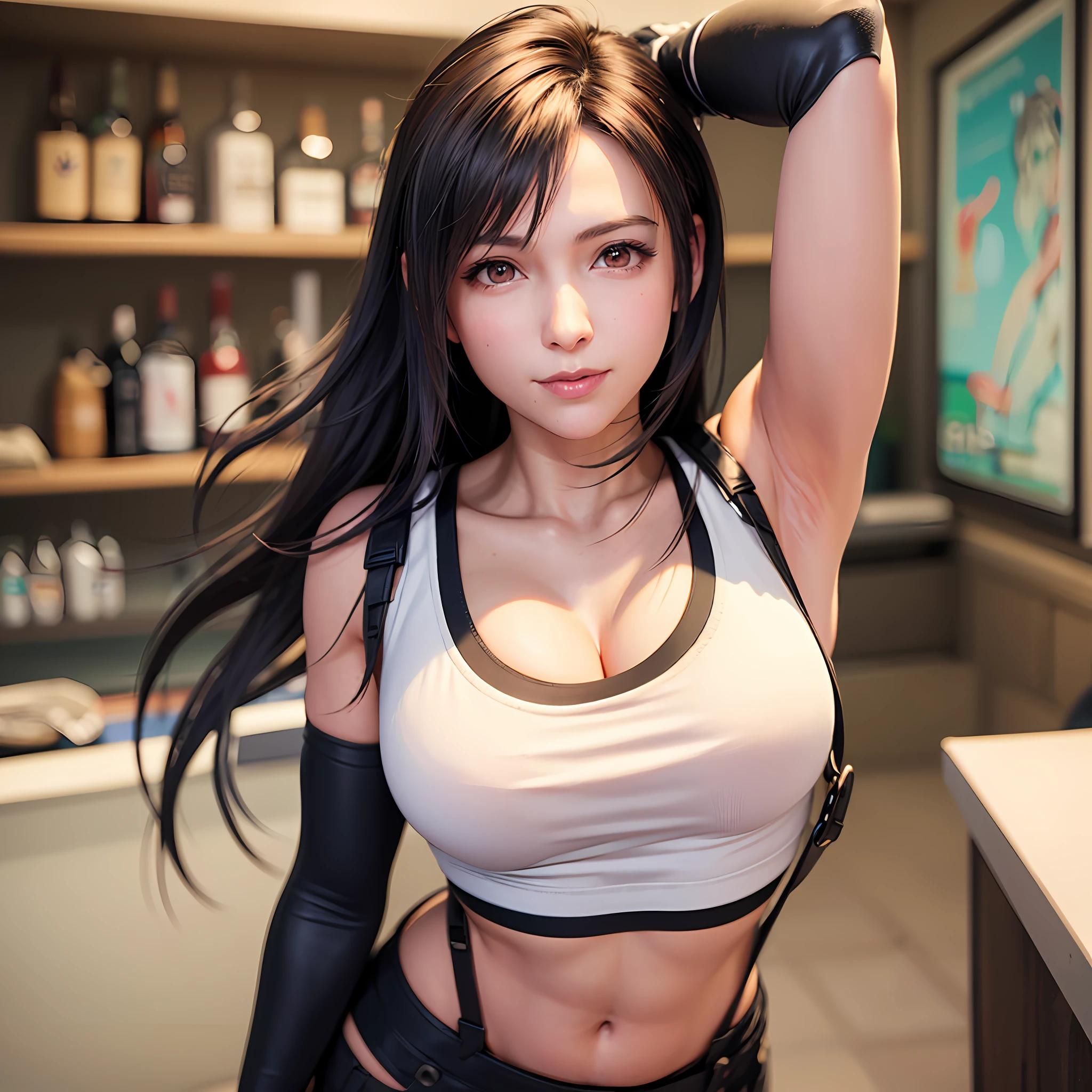 8k,masterpiece, bset quality,big, (1 girl), tifa lockhart, red_eyes, black hair, long hair, shiny skin, shiny big, ((best quality)), crisp focus: 1.2, highly detailed face and skin texture, detailed eyes, perfect face, perfect body, art, cg, blur background, big with presence, (20yo, Mature cool and beautiful face), wearing ((suspender black skirt)),(( black elbow gloves, white taut shirt, thigh, white tank top, navel, blush)), jukebox, old bar, upper body, smile, professional light source, fluttering hair, foreground,