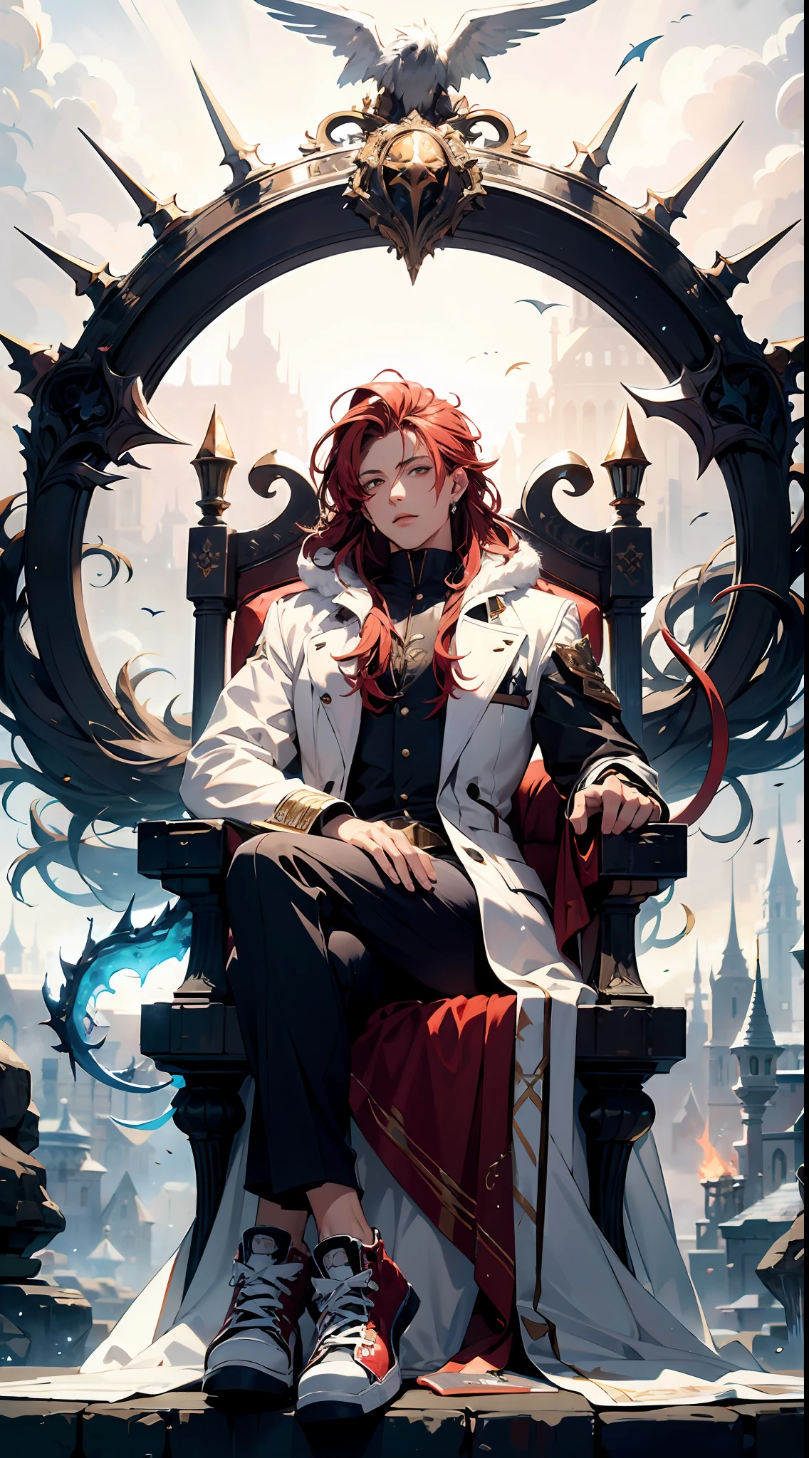 (absurdres, highres, ultra detailed), 1 male, adult, handsome, beautiful eyes, average height guy, slim body, finely detailed eyes and detailed face, long red hair, white biker coat, black pants, converse shoes, fantasy, magnificent background, throne, magic effect, flame, detailed fantasy scythe leaning on throne,