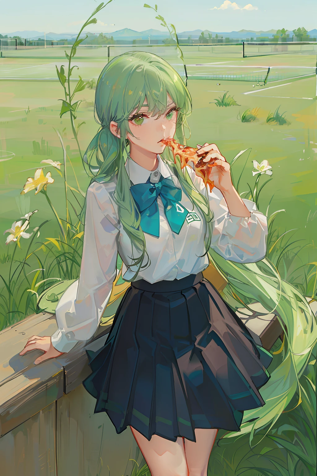 girl in a grass tennis court eating pizza and drinking beer