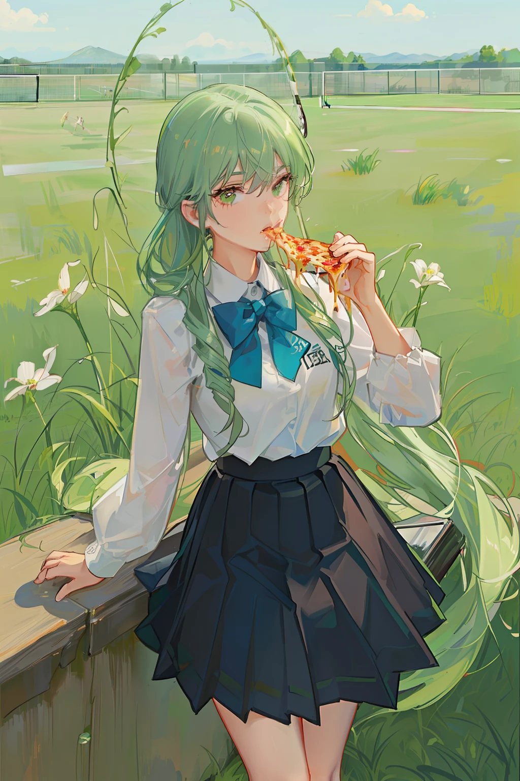girl in a grass tennis court eating pizza and drinking beer