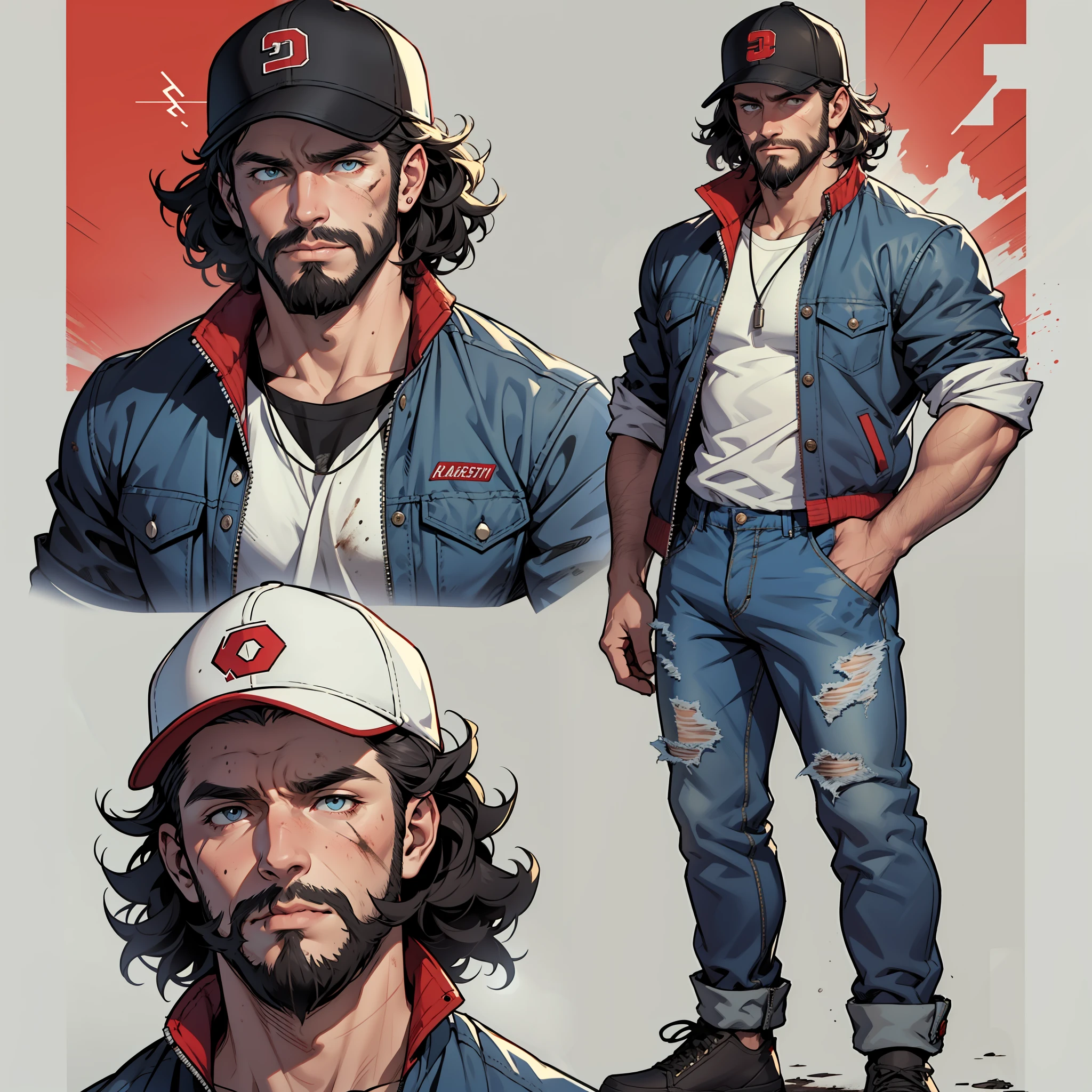 character sheet, white greek male with very curly short hair and beard, red baseball cap, black and red utility jacket, motorist, high quality, handsome, light blue jeans, mild body hair, messy look, rugged and dirty, different facial expressions, full body, white shirt, masculine, tall,