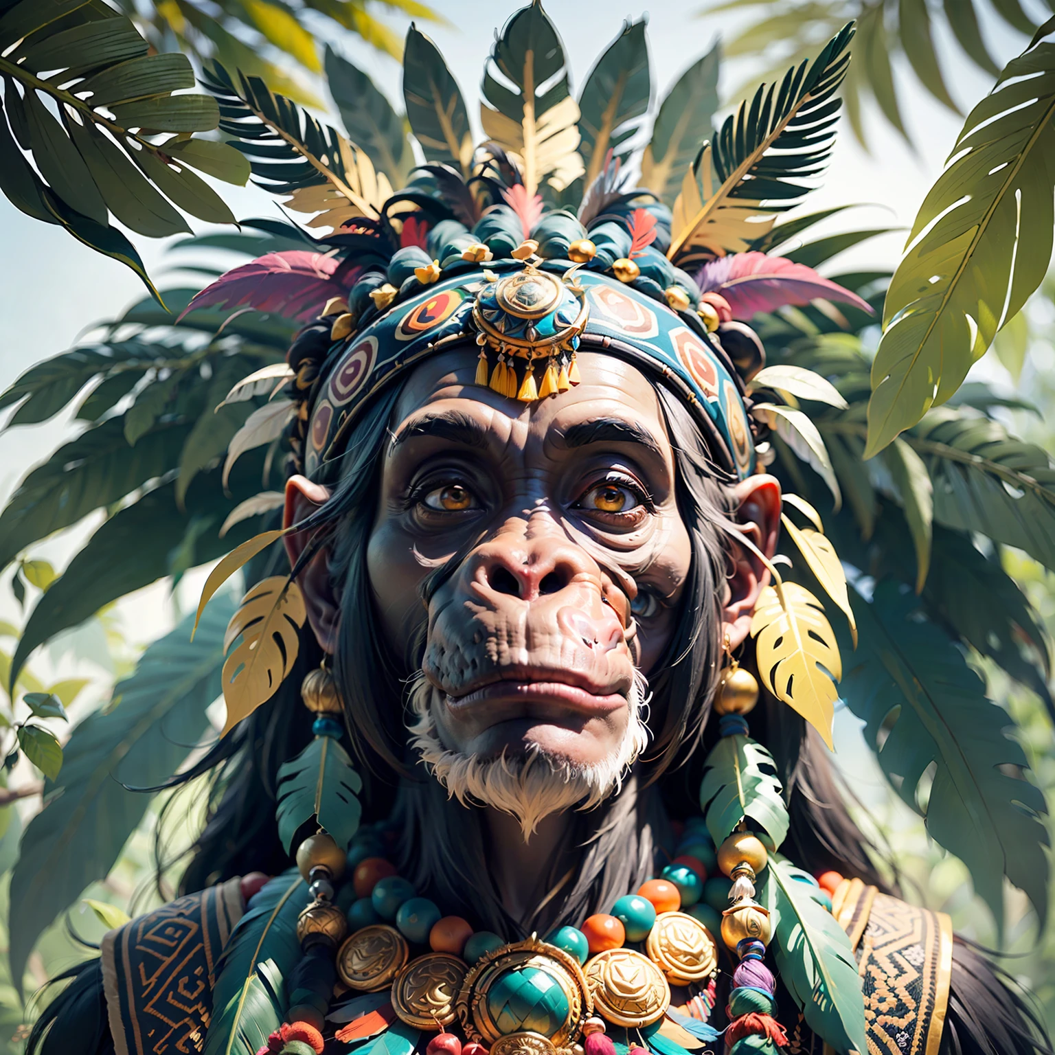 Chimpanzee Head ((Shaman)),,((meditative state),,Shaman, elegant chimpanzee, hair with details, with Indian headdress on head, ((meditating)) many colorful feathers, colorful feathers, facing the camera, detail: dense tropical foliage, highly detailed intricate, ((masterpiece)), ultra hyperrealistic, masterpiece