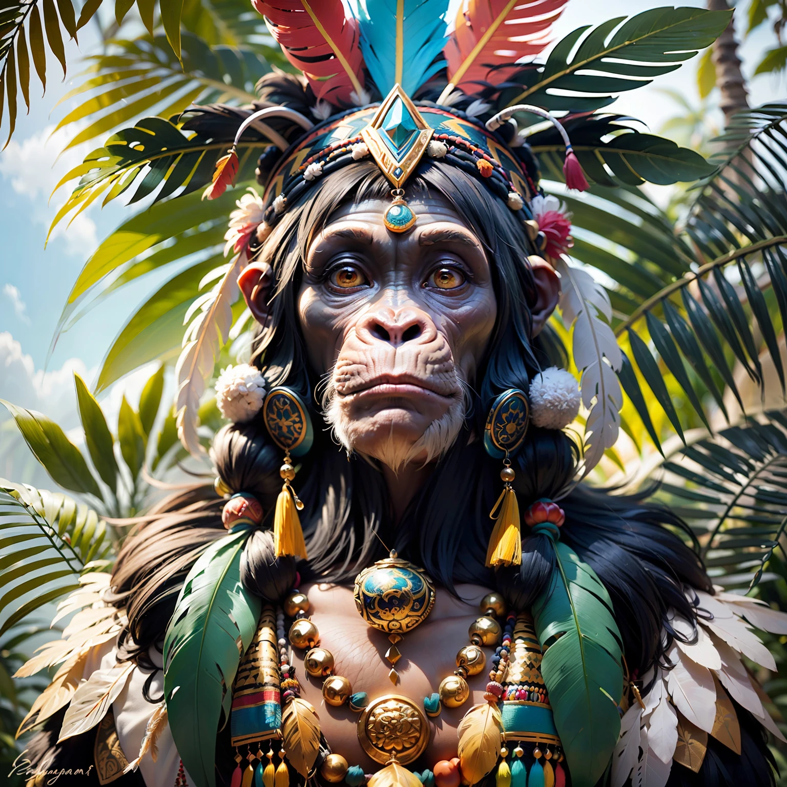 Chimpanzee Head ((Shaman)),,((meditative state),,Shaman, elegant chimpanzee, hair with details, with Indian headdress on head, ((meditating)) many colorful feathers, colorful feathers, facing the camera, detail: dense tropical foliage, highly detailed intricate, ((masterpiece)), ultra hyperrealistic, masterpiece