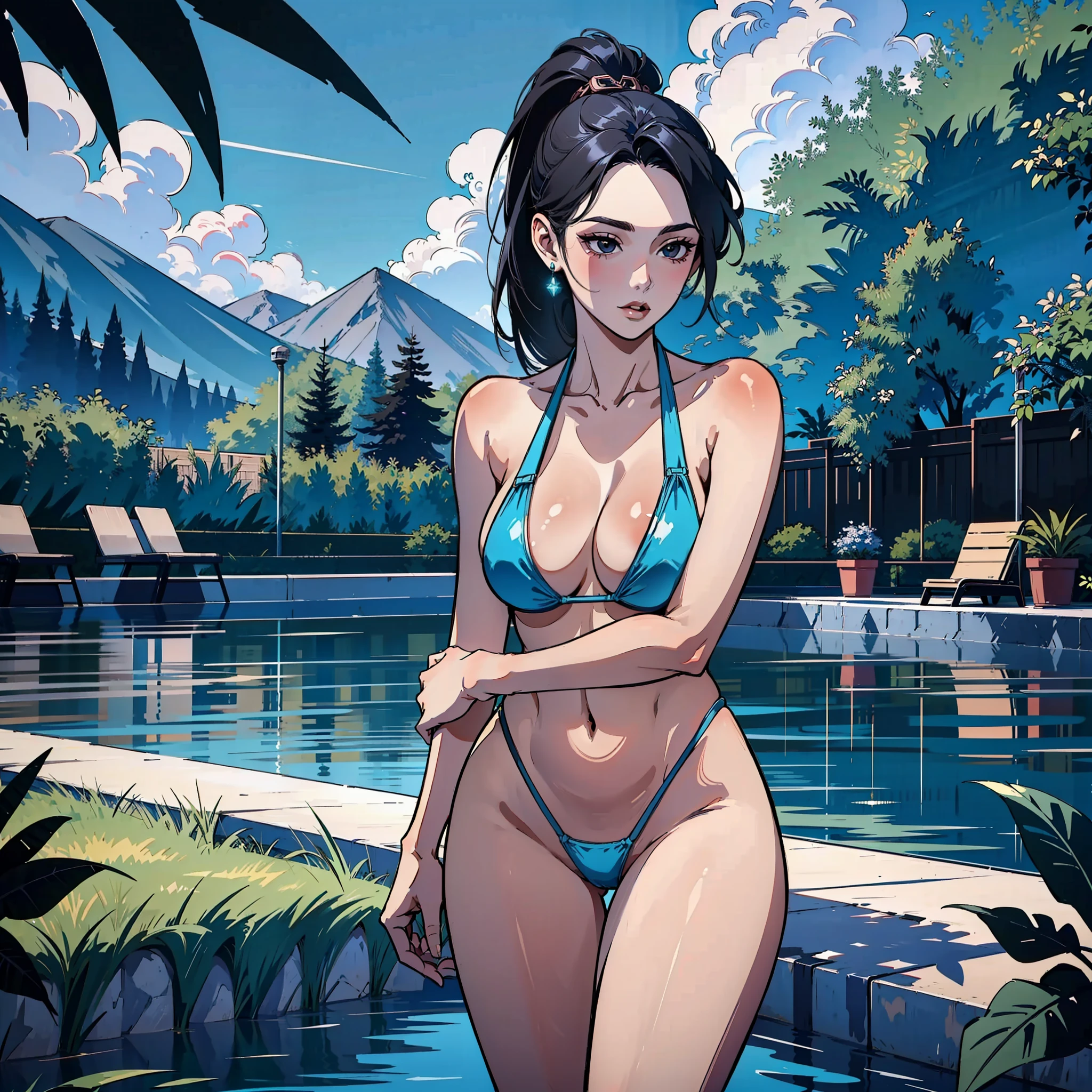 (masterpiece),(best quality:1.0), (ultra highres:1.0), detailed illustration, 8k, 1girl, beautiful, sage(valorant), Valorant, black eyes, pony tail, pool side, big breasts, micro bikini, busty, standing, thick thighs, micro bikini, best quality, detailed