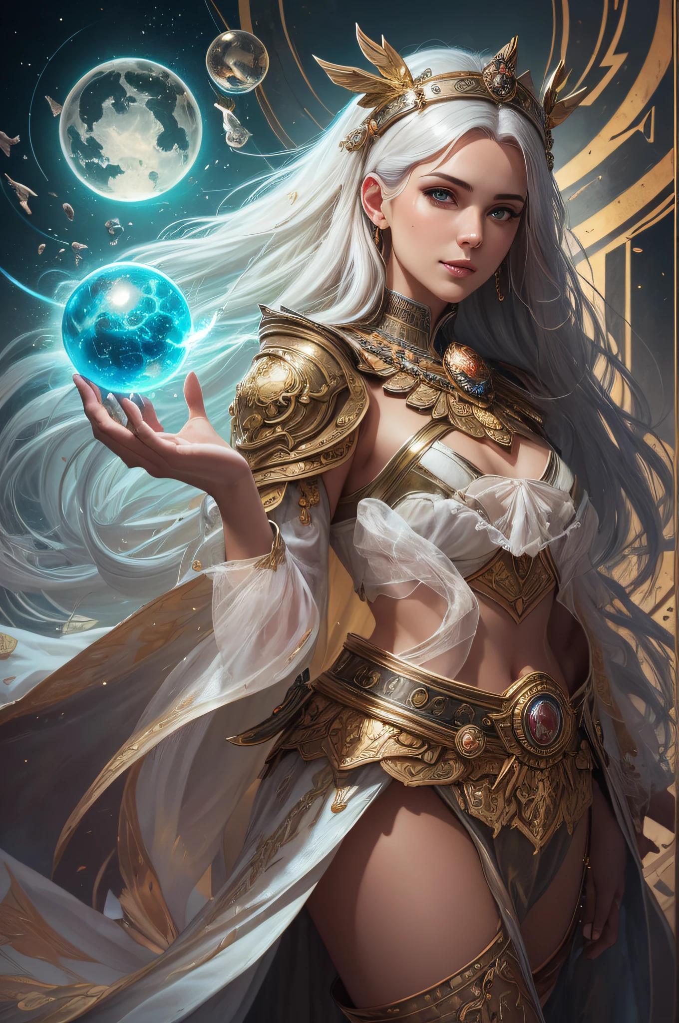 (((full body photo))) , cinematic Design of a beautiful Greek priestess of Olympus awarded and highly detailed, embellished with golden armor style silver details, antique creative, fashion ideas, with rays wrapped around the body, artistic details, maximum design, academy winning cinematic image, incredibly beautiful and cute face, Rachel Cooke smile, Instagram, Soft box light on both sides, low saturation, glass hour, wide hips, blue eyes long white hair, superior photographic quality, realistic photo sony alpha 8, low saturation image, super quality, 8k, hot background, smoky and hazy fantasy, moritz Cornelis Escher spheres, releasing flames and lightning, by the hands, ultra art deco style, carbon, science fiction, symmetry, depth of field, intricate, elegant, highly detailed, hyper-detailed face, digital painting, professional sinister concept art, sharp focus, illustration as imagined by Greg Rutkowski and Borris Vallejo and stylized by Jean-Baptiste Monge, Pink, Comic style, Perfect anatomy, Centered, Approaching perfection, Dynamic, Highly detailed, Artstation, Conceptual art, Smooth, Sharp focus, Illustration, Griffiths and wadim kashin meat art, Trends in Artstation, Sharp Focus , Studio Photo , Complex Details , Highly Detailed , By Greg Rutkowski
