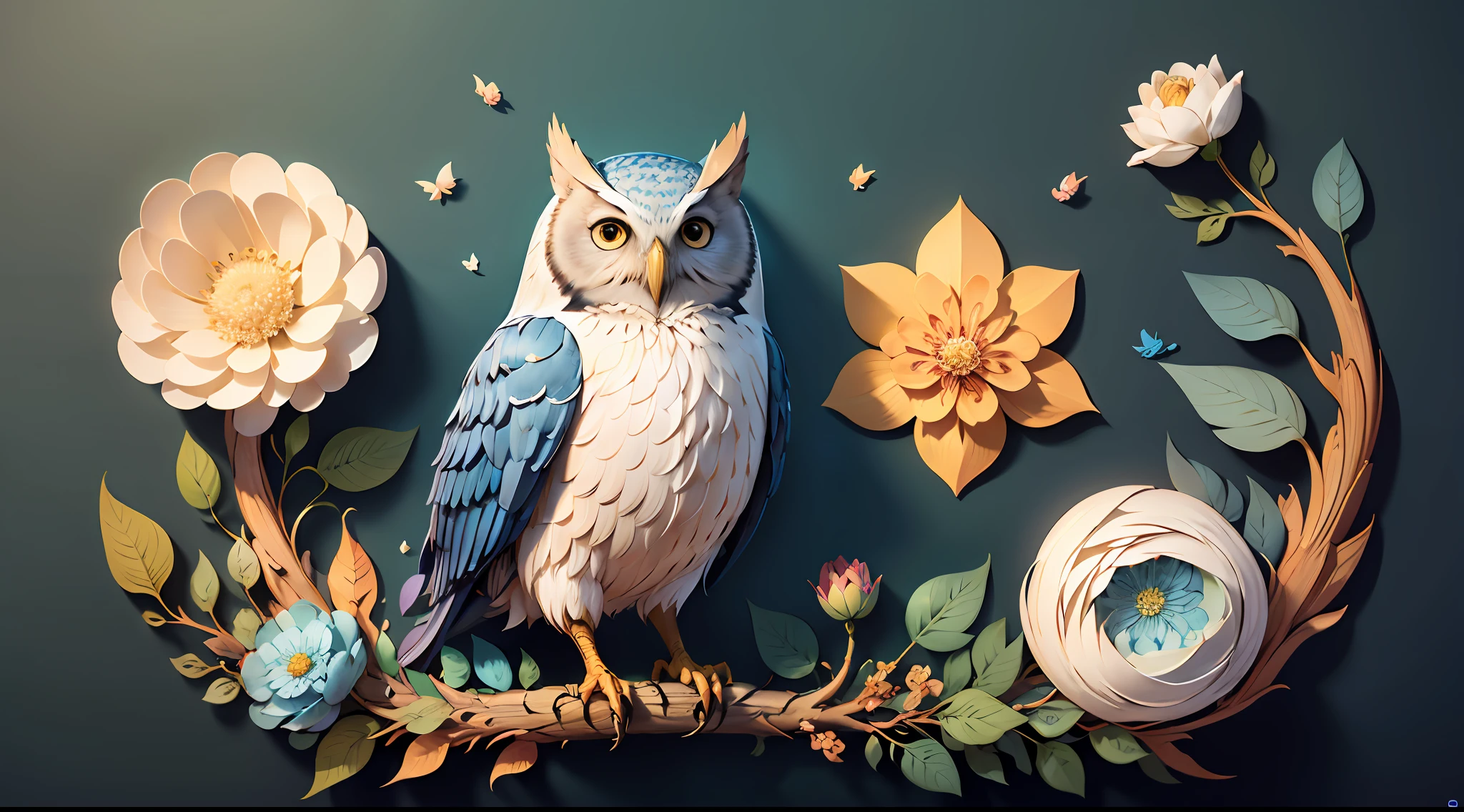 ((masterpiece)))), bestquality, illustration, beautifuldetailedglow, paper_cut, wallpaper,blue owl