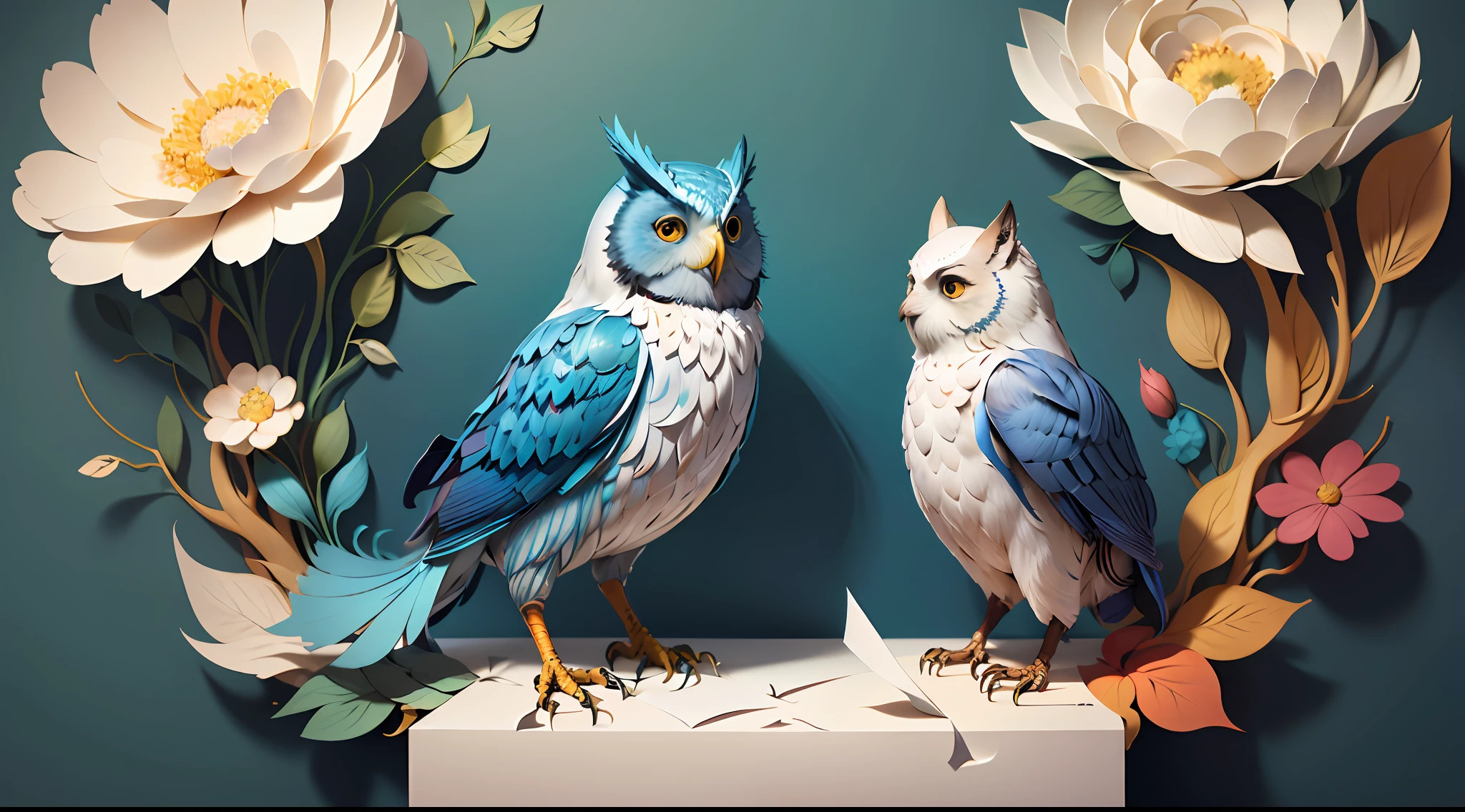 ((masterpiece)))), bestquality, illustration, beautifuldetailedglow, paper_cut, wallpaper,blue owl