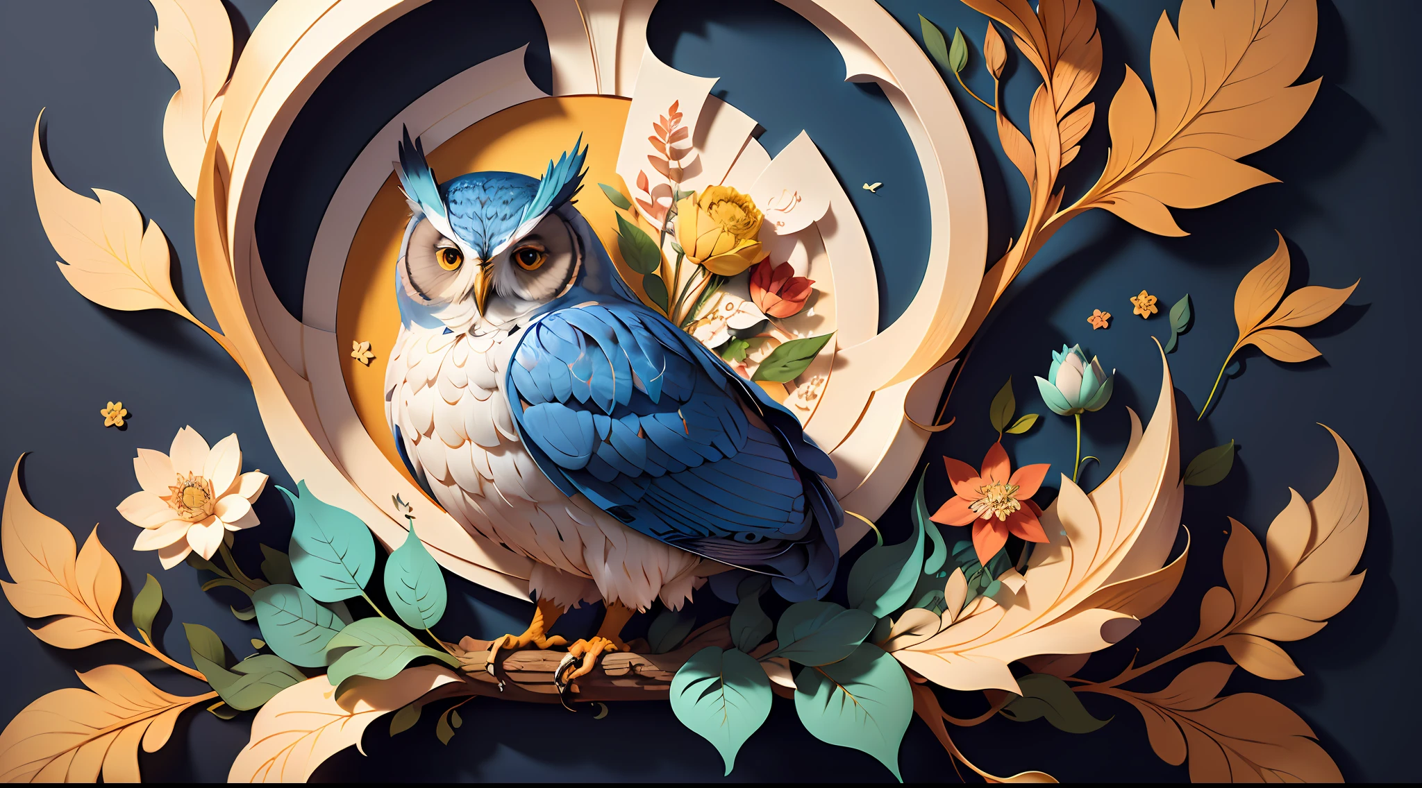 ((masterpiece)))), bestquality, illustration, beautifuldetailedglow, paper_cut, wallpaper,blue owl