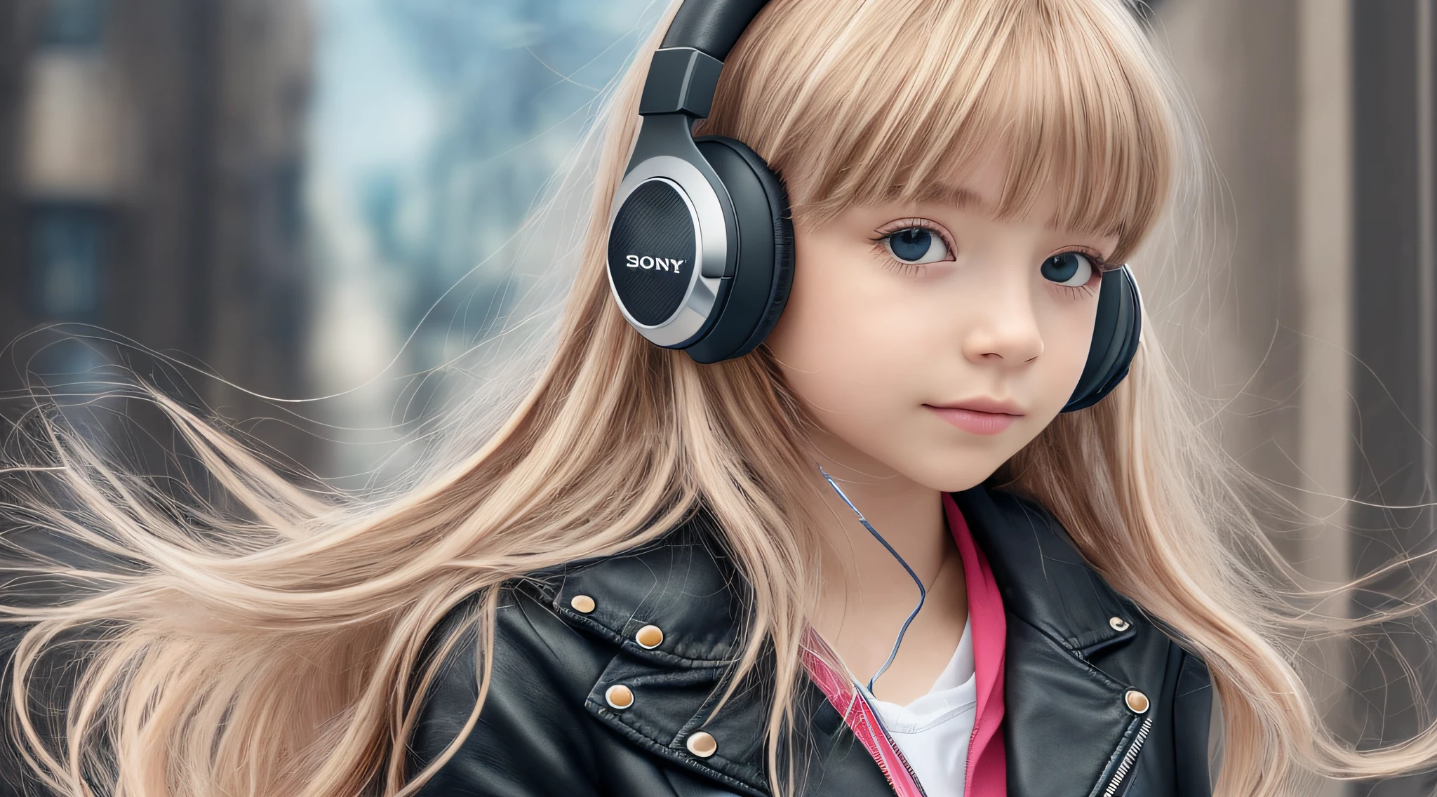 GIRL BLONDE CHILD LONG HAIR, BLACK LEATHER JACKET, a blue MP3 player with headphones attached to it, Sony, Sony produced, 3 6 0 p, 240p, full-view, beautiful 2000s phone camera, headphones, IQ 4, ultra high definition, a closeup shot, Sony Alpha, N9, [ [ hyper-realistic ] ], n 9, nano