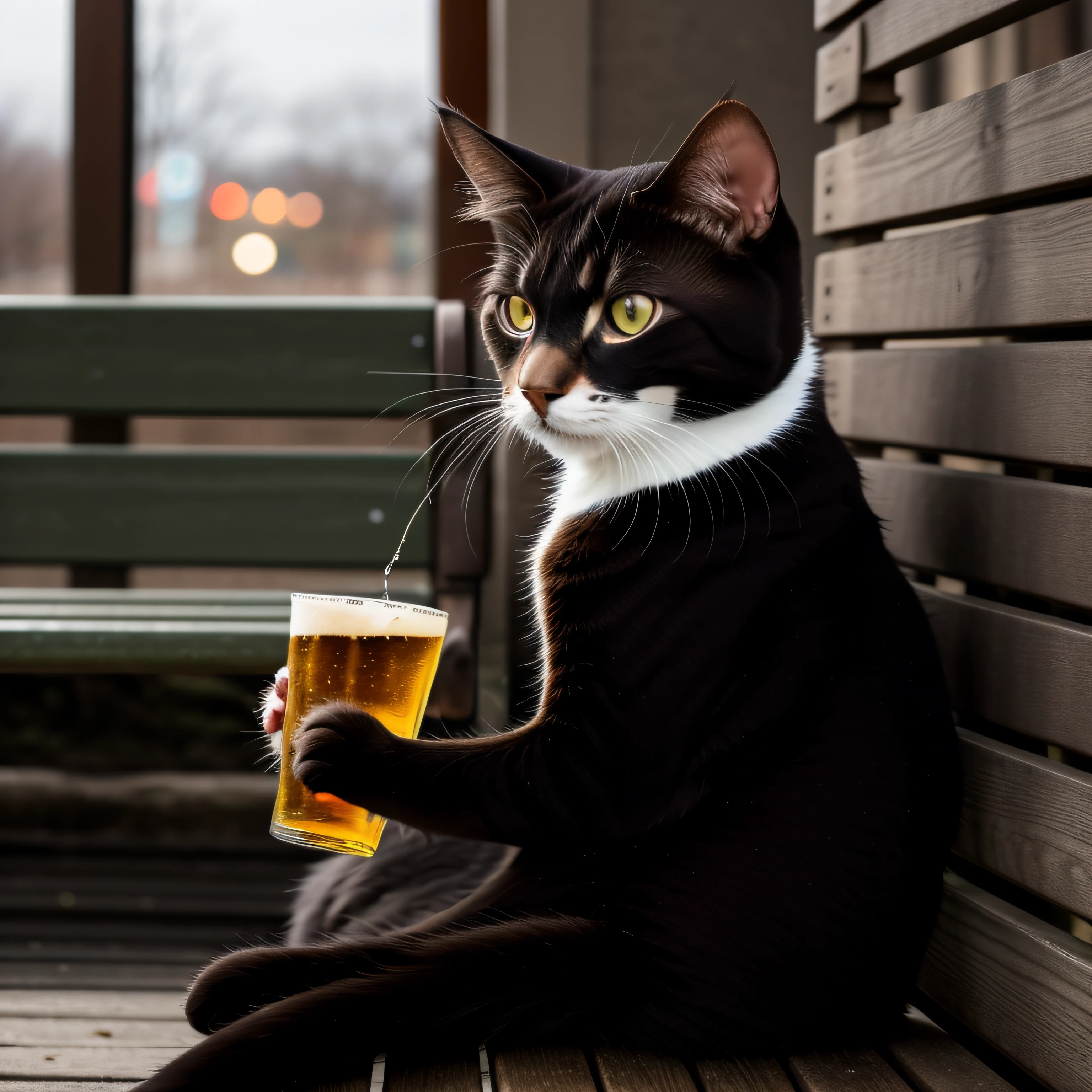 RAW photo, absurd, high quality, photorealistic,
[Cat|Cat, Sweater], Looking at the viewer,
outside, night, park bench, cat drinking holding a beer mug in his paw
8k uhd, dslr, film grain, Fujifilm XT3, 20 megapixels, detailed, sharp focus,