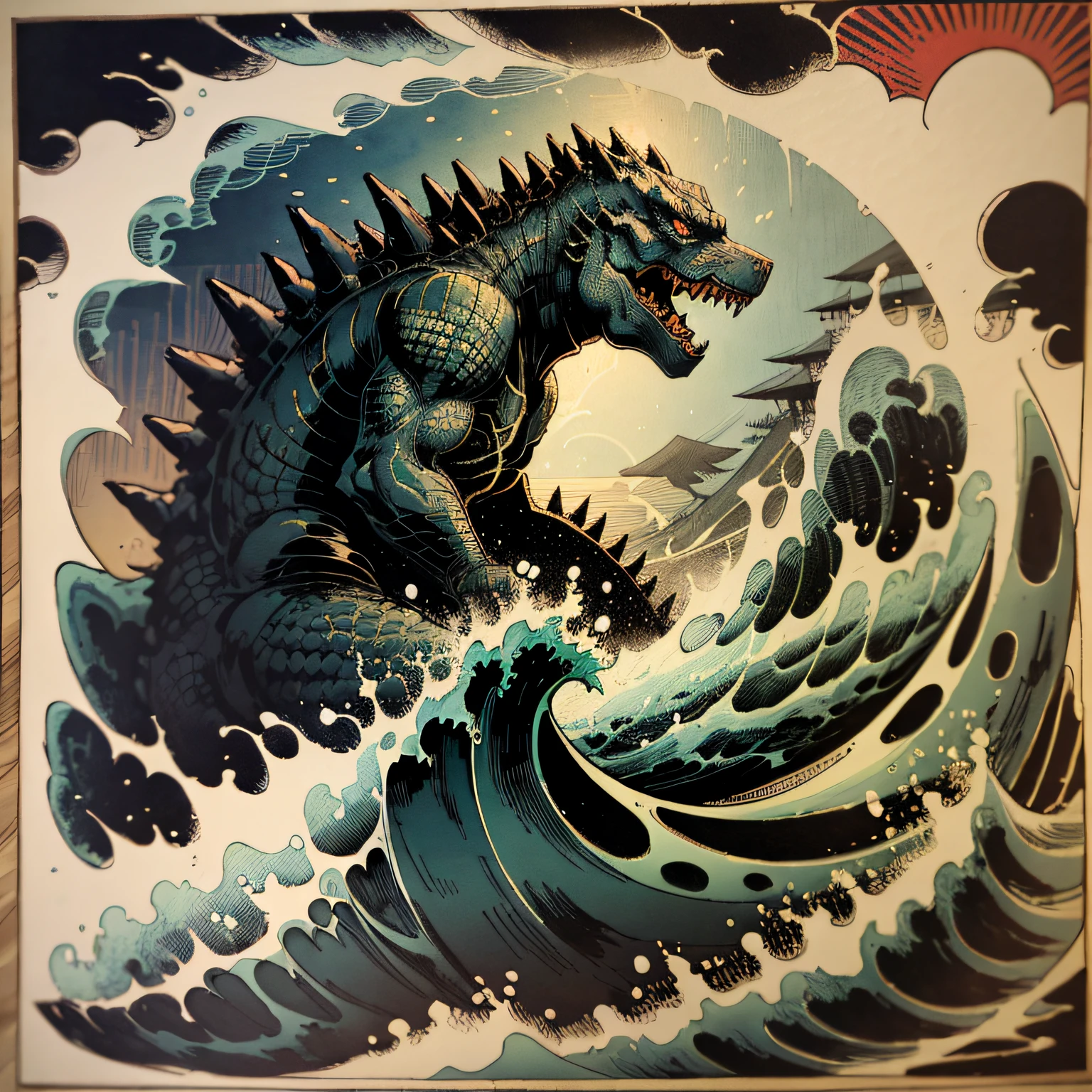 Godzilla (1954) coming out of the great wave of Kanagawa style ((ukiyou-e woodcut)), pastel colors, Hokusai, watercolor painting