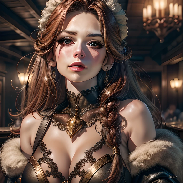 beautiful ginger women in detailed dress at tavern, air above hair, IPA award wining, masterpiece, best aftereffects