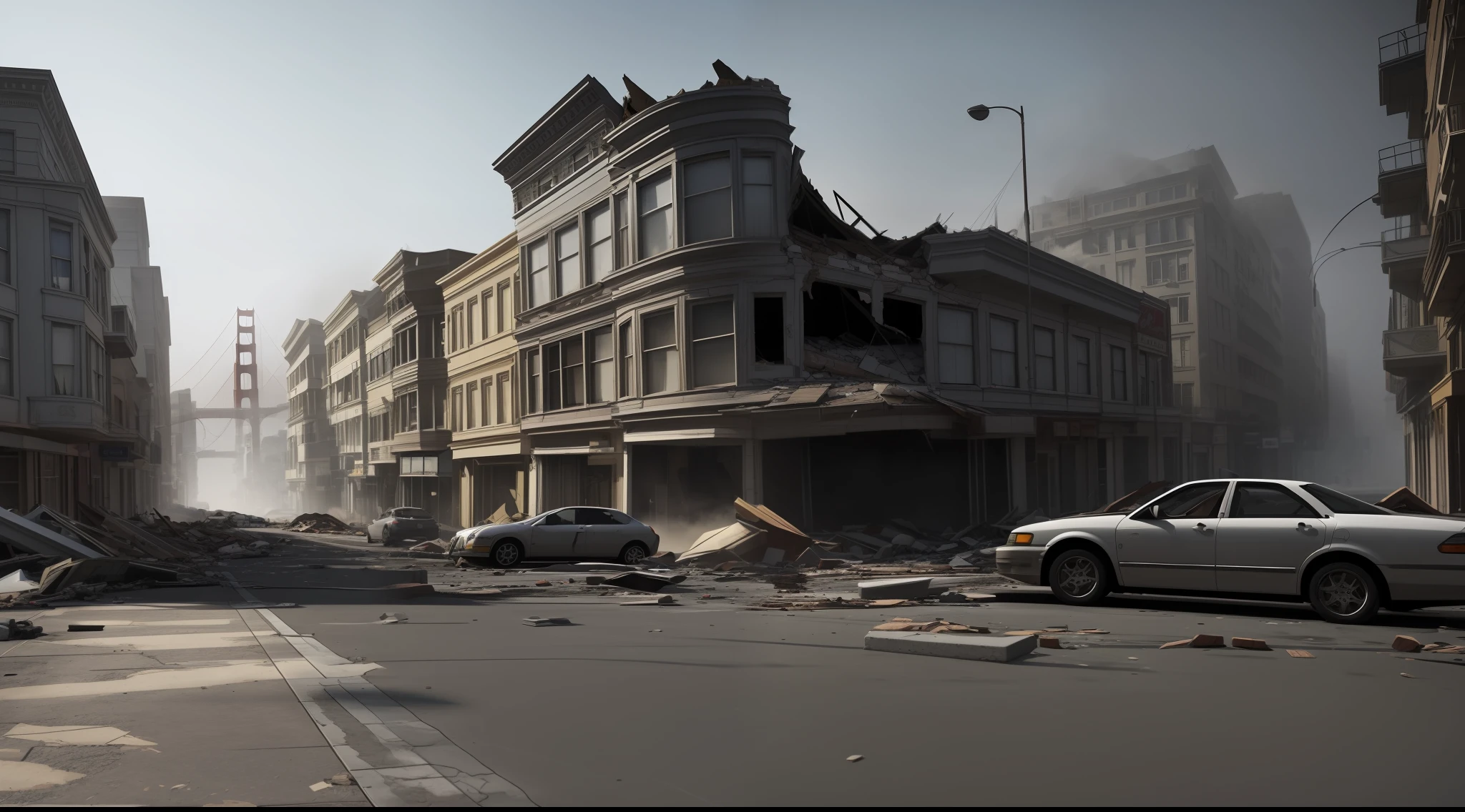Realistic San Francisco Collapsed buildings with crumbling buildings and debris-filled streets depicting the aftermath of destruction, cars covered in dust, foggy weather, Ultra 8k, gray weather, realism, cinematic lighting, volumetric lighting, detailed, background blur