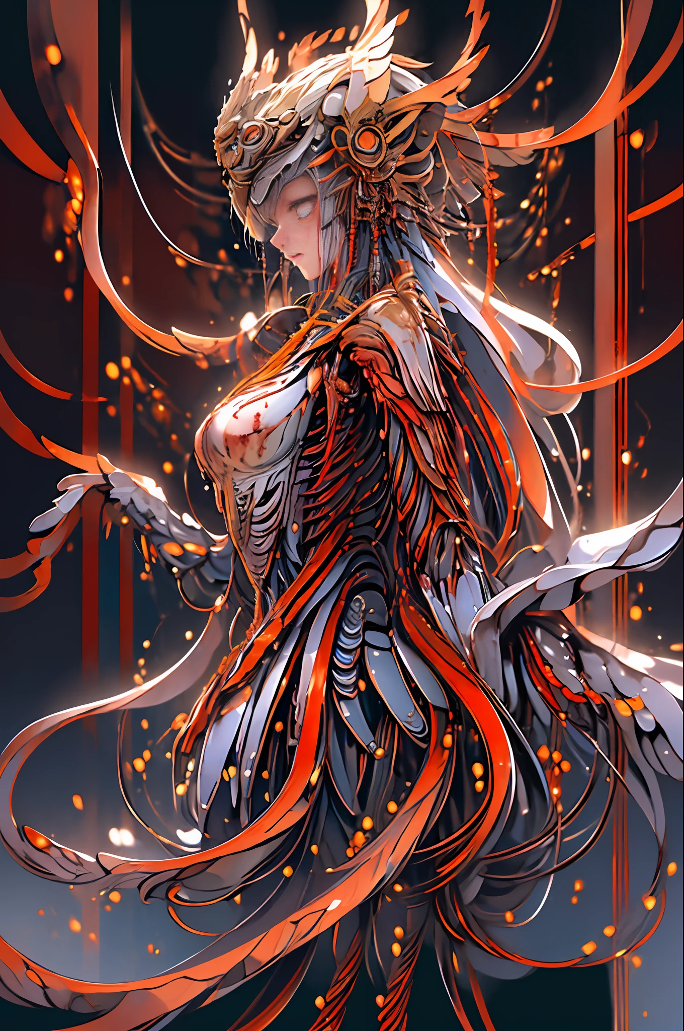 (masterpiece, top quality, best quality, official art, beautiful and aesthetic:1.2), (1girl:1.3), extreme detailed,colorful,highest detailed ((ultra-detailed)), (highly detailed CG illustration), ((an extremely delicate and beautiful)),(from side),cinematic light,((1mechanical girl)),solo,full body,(machine made joints:1.2),((machanical limbs)),(blood vessels connected to tubes),(mechanical vertebra attaching to back),((mechanical cervial attaching to neck)),(sitting),expressionless,(wires and cables attaching to neck:1.2),(wires and cables on head:1.2)(character focus),science fiction,white background,(blood:1.5)