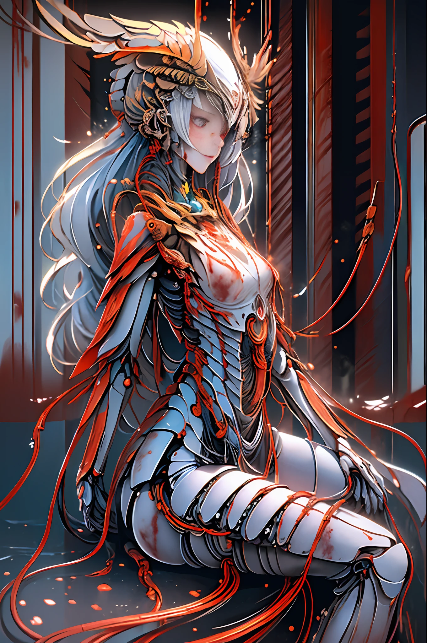 (masterpiece, top quality, best quality, official art, beautiful and aesthetic:1.2), (1girl:1.3), extreme detailed,colorful,highest detailed ((ultra-detailed)), (highly detailed CG illustration), ((an extremely delicate and beautiful)),(from side),cinematic light,((1mechanical girl)),solo,full body,(machine made joints:1.2),((machanical limbs)),(blood vessels connected to tubes),(mechanical vertebra attaching to back),((mechanical cervial attaching to neck)),(sitting),expressionless,(wires and cables attaching to neck:1.2),(wires and cables on head:1.2)(character focus),science fiction,white background,(blood:1.5)