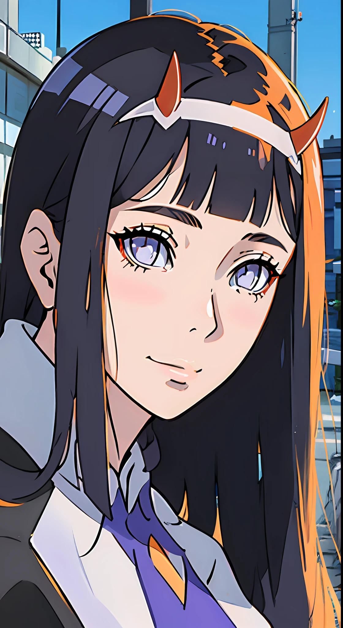 zero two, darling in the franxx, 1girl, water eyes, bangs, blunt bangs, medium breasts, closed mouth, cowboy shot, hair band, horns, leaning forward, long hair, looking at the viewer, tie, oni horns, orange tie, dark blue hair, red horns, smile, solo, standing, straight, cyberpunk background, white hair band, military clothing, best quality, detailed eye, detailed PNG, purple eyes, hinata as zero two