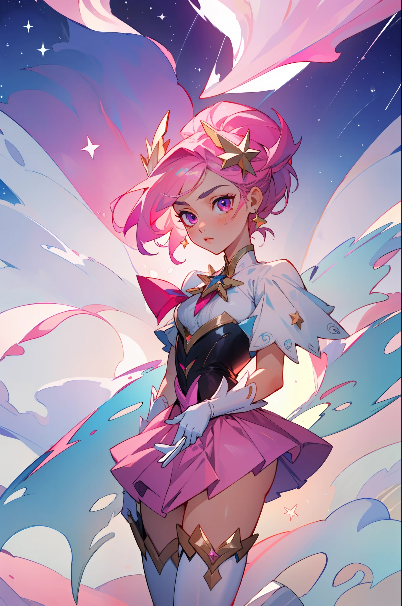 (masterpiece, best quality), intricate details, 8k, artstation, wallpaper, official art, splash art, sharp focus,
1girl, Star_Guardian_Kai'Sa, white_legwear, white_gloves, pink_skirt,,