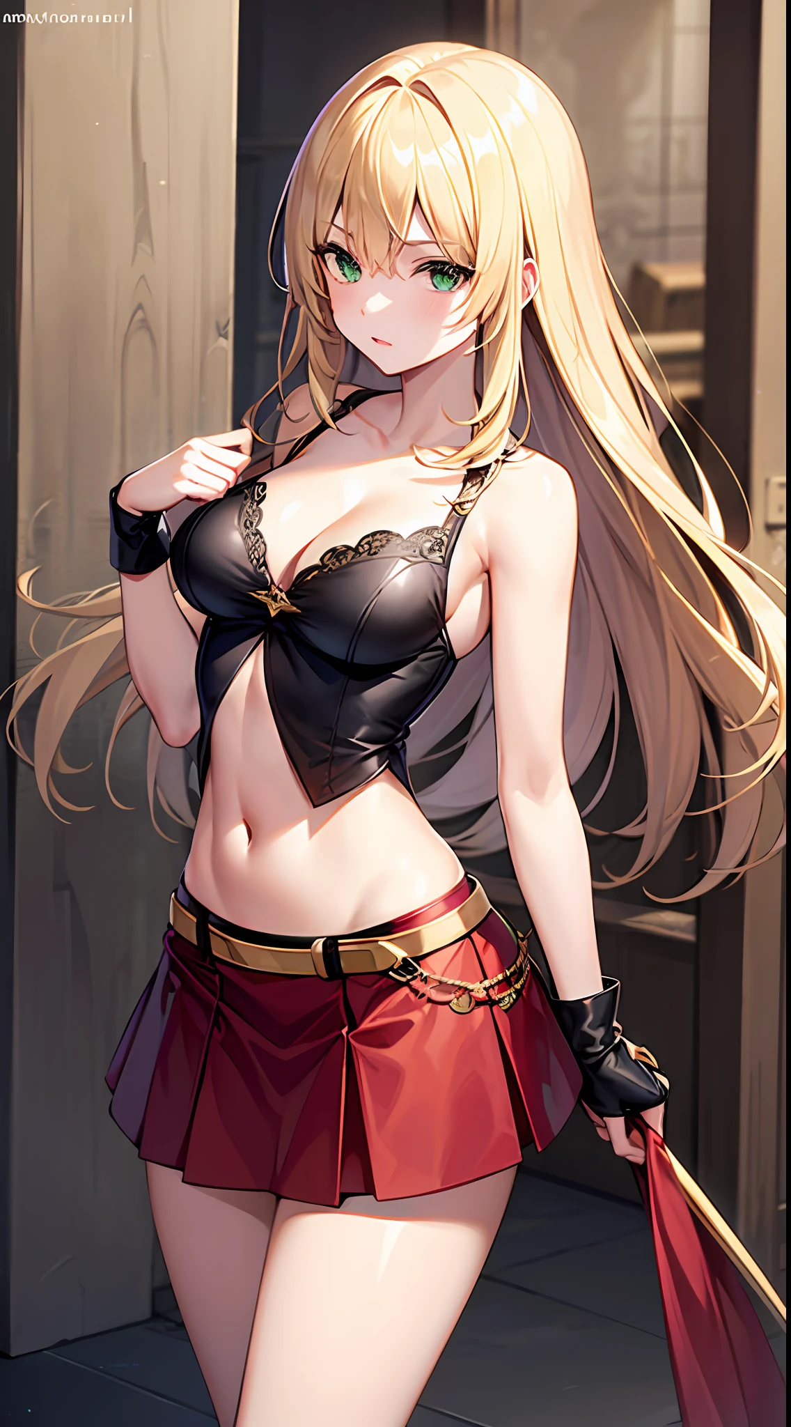 blonde hair, long hair, green eyes, cleavage, medium breast, skirt, slim legs, fighter, mediaeval, navel, nervous