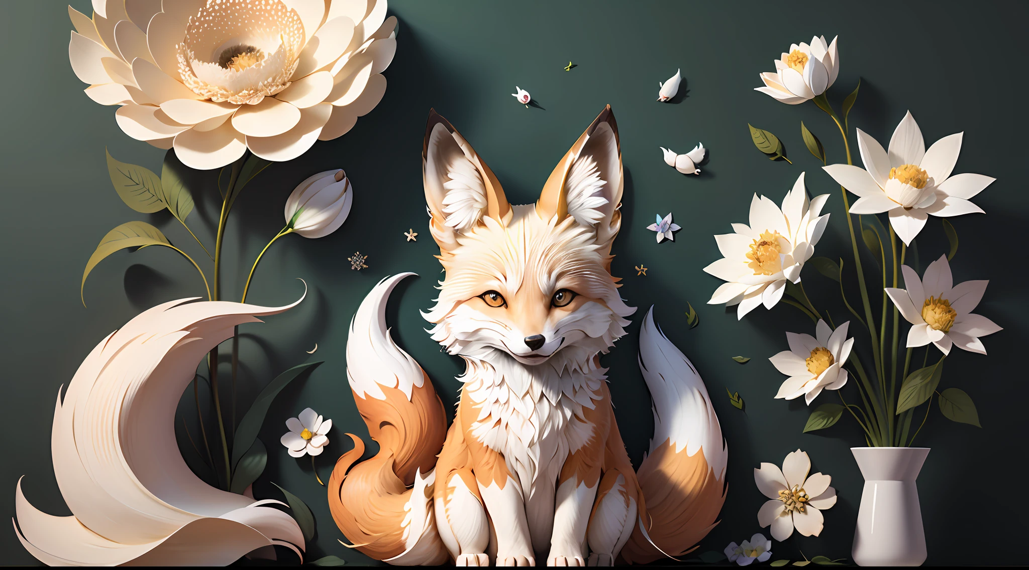(((masterpiece)))), bestquality, illustration, beautifuldetailedglow, paper_cut, wallpaper,white fox