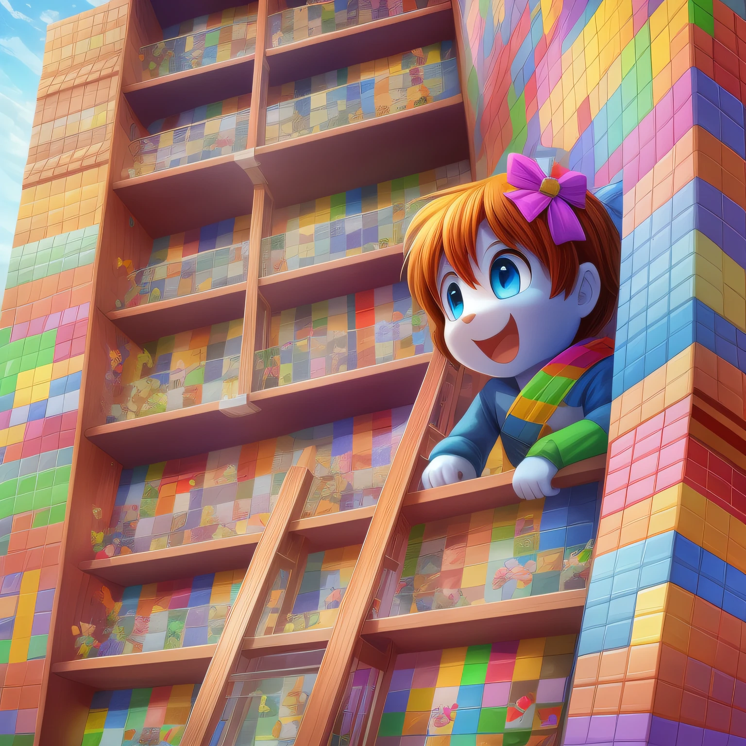 Imagine an exciting close-up of a staircase made of colorful puzzle pieces, apply shades of blue, with a bright white background. Each puzzle piece is unique and vibrant, creating an explosion of colors and textures. Inspired by the Tetris, they fit perfectly, forming an intriguing and captivating image. In the background figures and piles of cubic blocks, all of them representing the diversity of challenges and opportunities that present themselves along the way. Each stacked image represents a stage of the journey, symbolizing the integration of each piece of the puzzle to achieve the ultimate goal. Within this visually stimulating composition, you can see a determined child climbing the blocks of the stairs. His face is full of enthusiasm and curiosity, determination to overcome every obstacle. The presence of the child adds a touch of innocence and inspiration to the scene. This graphic illustration rendered in high quality is an invitation to dive into a world of possibilities. The colorful cubes and the child creates a playful and charming atmosphere, where each stage of the journey is cause for celebration, an image that awakens the imagination and the will to overcome challenges, this highly rendered composition offers a dose of motivation and fun