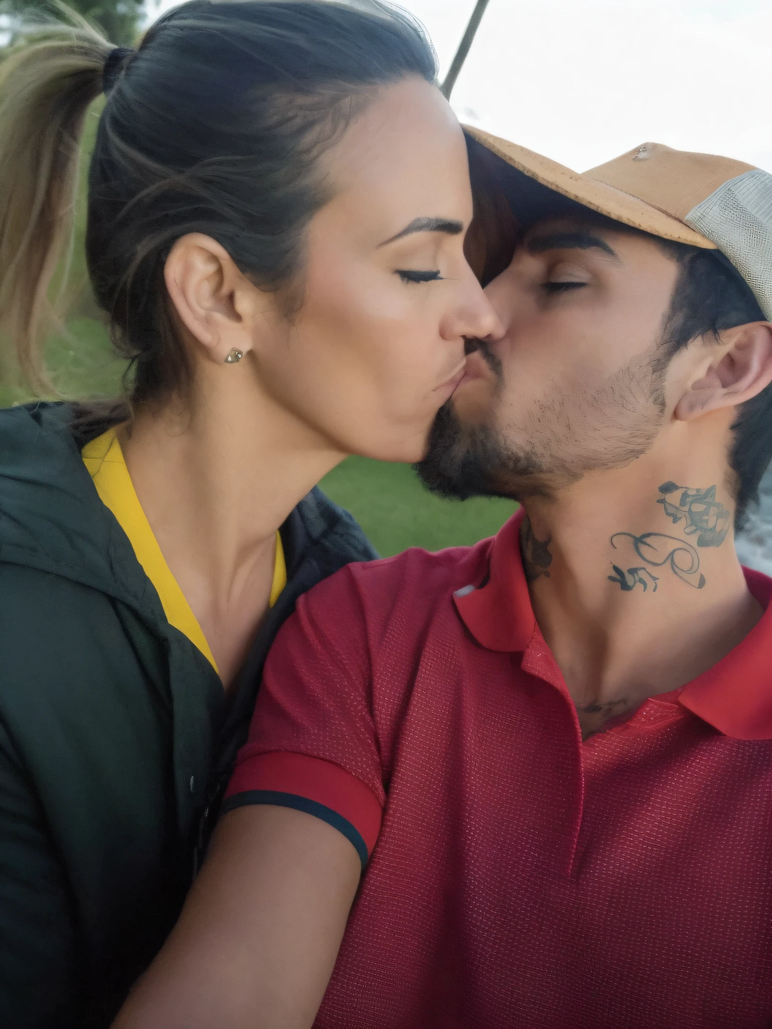 there is a man and woman kissing each other in the park, profile image, kissing together cutely, mateus 9 5, couple kissing, 3 5 year brazilian mother, they are in love, andrea rocha, high quality upload, by Nándor Katona, couple, camilo gc, kissing, kissing together, profile picture, wearing shipibo tattoos