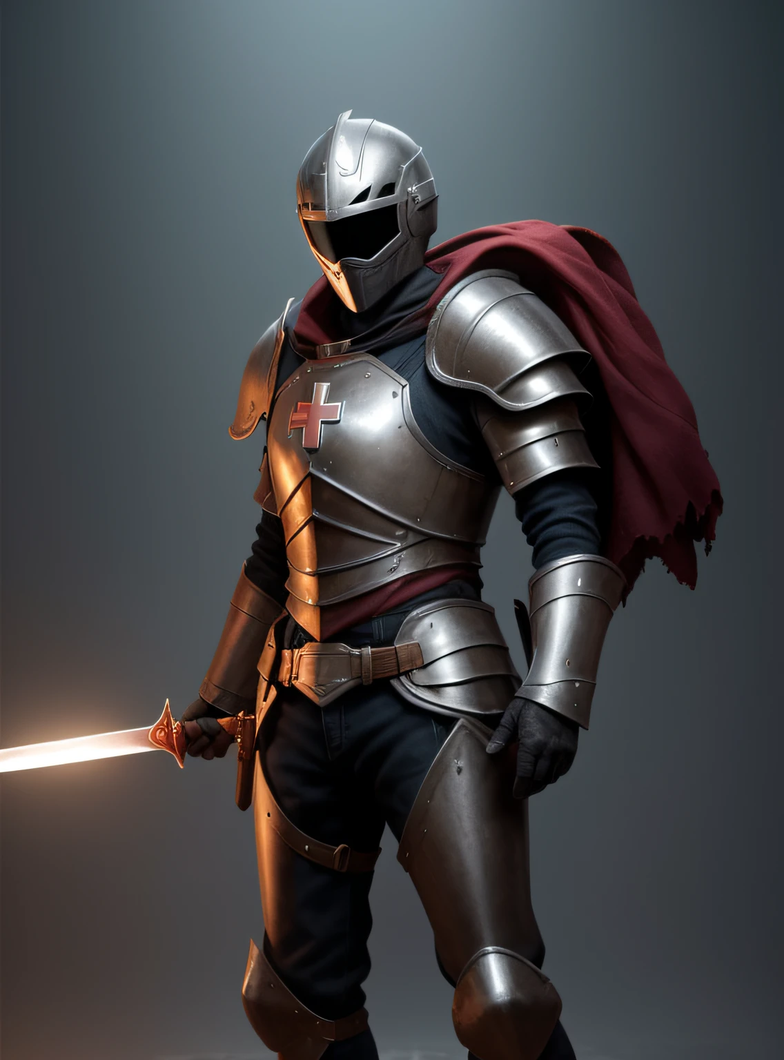 1 full-length man, Knight Templar, futuristic armor with Templar red cross, dramatic lighting, perspective, complex futuristic medieval background, depth of field, sword battle, sci-fi gadget helmet mask, back leg hand body, LED in armor, medieval clothing rags, intricate abstract. Intricate artwork, by Tooth Wu, Wlop, Beeple, Octane Render, Trending on Artstation, Greg Rutkowski Very Coherent Symmetrical artwork. cinematics, key art, hyperrealism, high detail, octane rendering, 8k,
