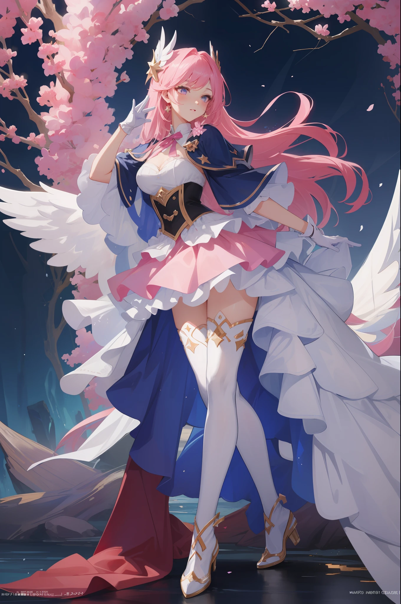 (masterpiece, best quality),  intricate details, 8k, artstation, wallpaper, official art, splash art, sharp focus,
1girl,   Star_Guardian_Kai'Sa, white_legwear, white_gloves, pink_skirt,,