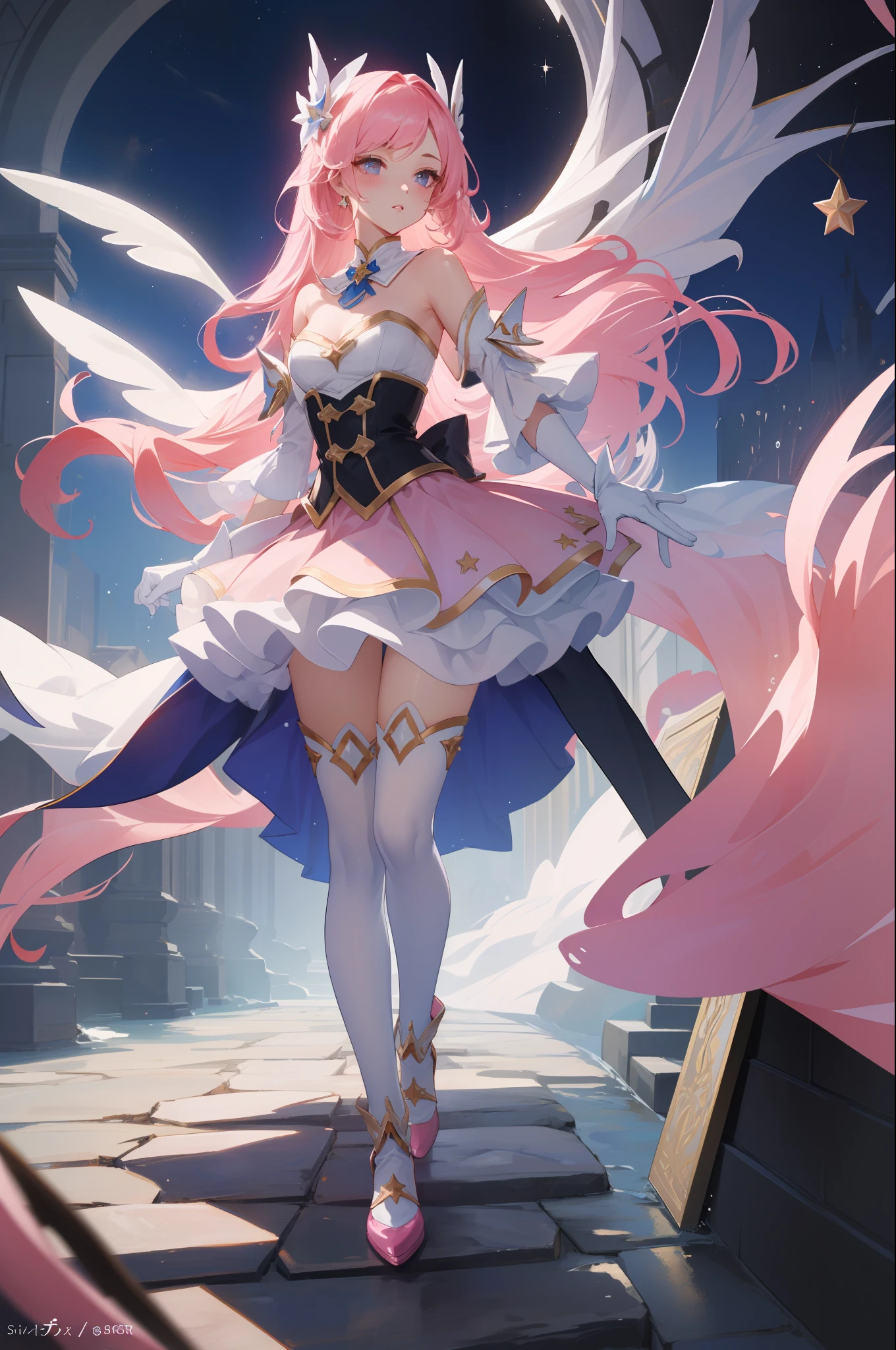 (masterpiece, best quality),  intricate details, 8k, artstation, wallpaper, official art, splash art, sharp focus,
1girl,   Star_Guardian_Kai'Sa, white_legwear, white_gloves, pink_skirt,,