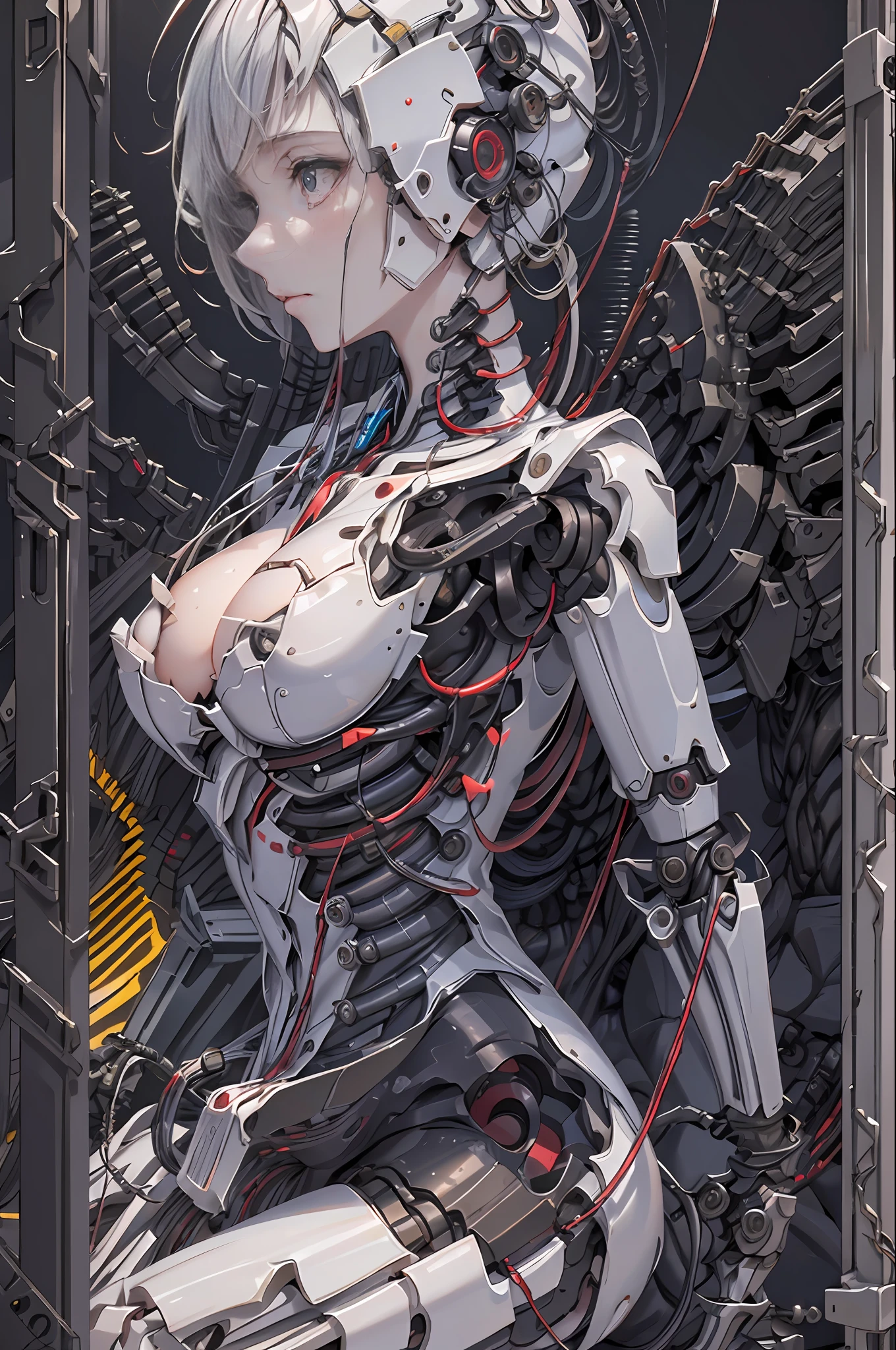 (Masterpiece, Top Quality, Best Quality, Official Art, Beauty and Aesthetics: 1.2), (1girl: 1.3), Extremely detailed, Colorful, Most Detailed ((Ultra Detailed)), (Highly Detailed CG Illustration), (Very Delicate and Beautiful), (From the Side), Cinema Light, ((1 Mechanical Girl)), Single, Full, (Machine-Made Joints: 1.2), ((Mechanical Limbs)), (Blood vessels connected to tubes), (Mechanical Tentacles), (Mechanical vertebrae attached to the back), ((Mechanical cervical vertebrae attached to neck)), (sitting), expressionless, (wires and cables attached to neck: 1.2), (wires and cables attached to the neck: 1.2) (character focus), science fiction, white background, (blood: 1.5)