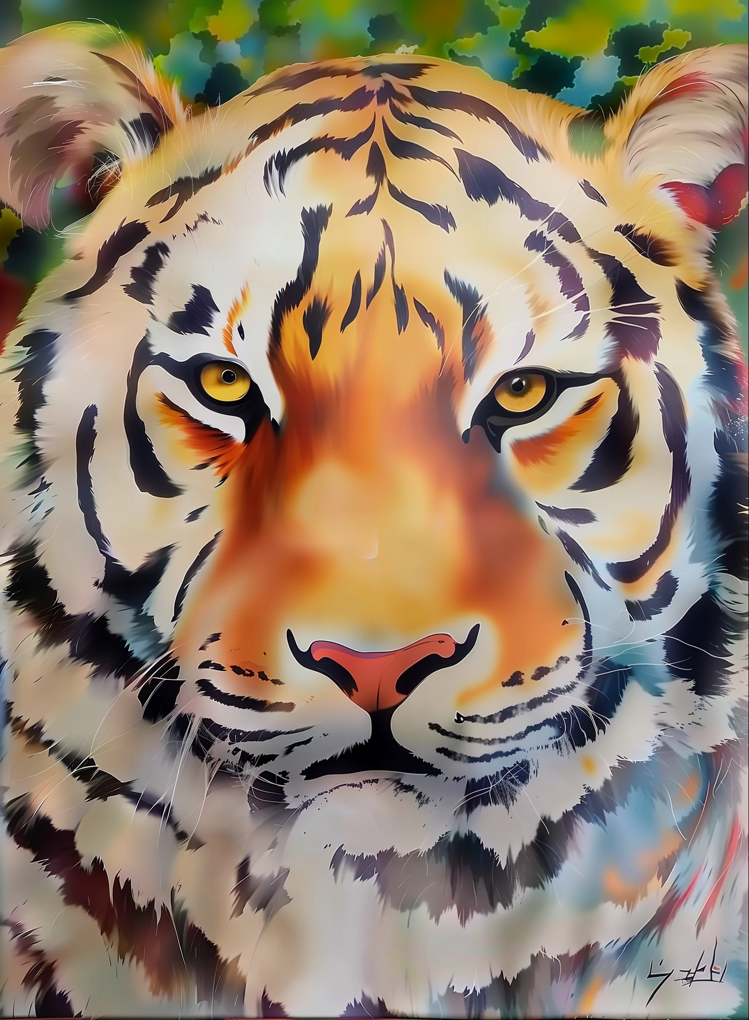 painting of a tiger with a yellow eye and a black stripe, ((tiger)), tiger face, tiger head, tiger, a tiger, painted in acrylic, airbrush on canvas, anthropomorphic tiger, fierce expression, tigers, sacred tiger, an airbrush painting, by Zahari Zograf, the tiger is smiling, masterpiece work of art, by David Martin
