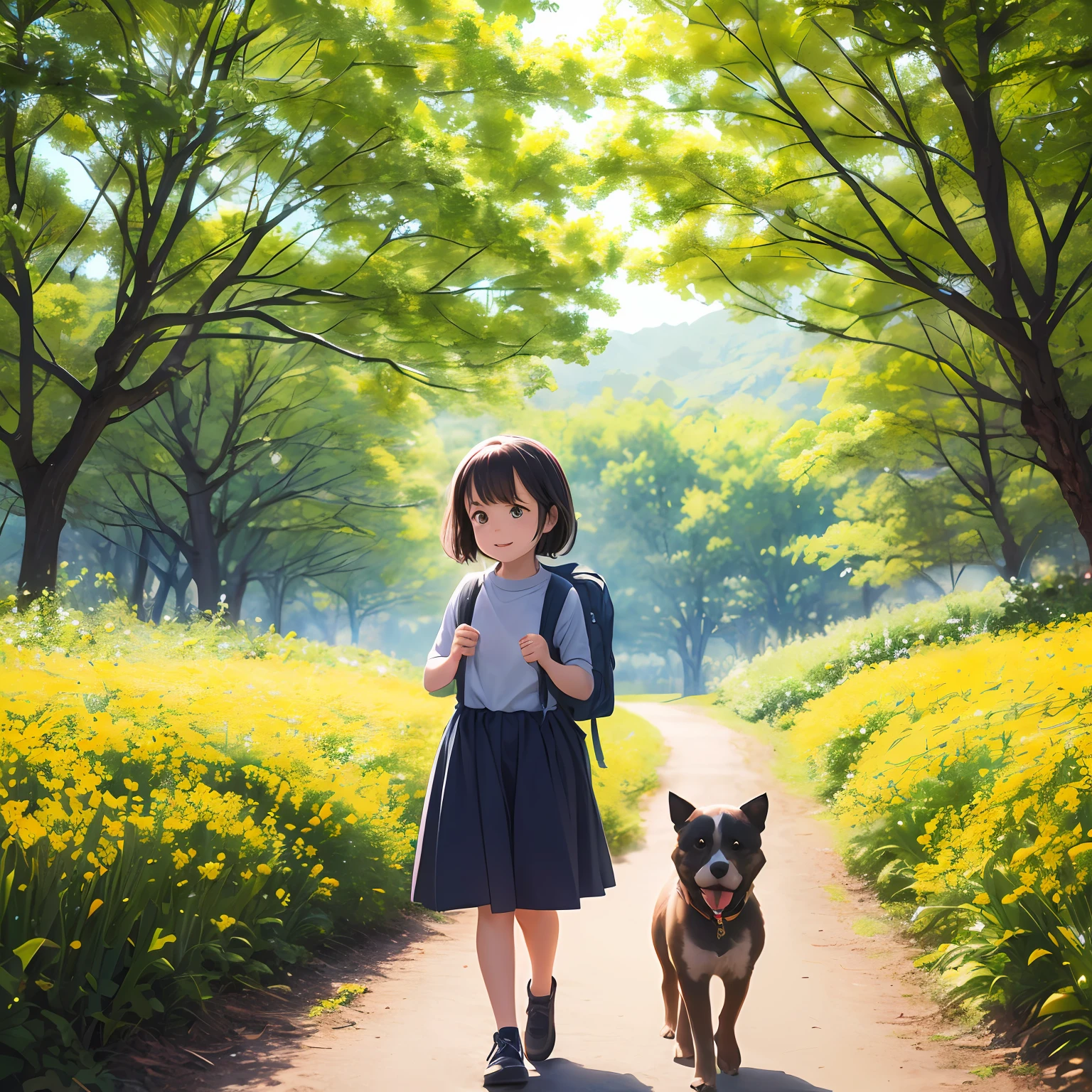 Prompt: An incredibly charming little girl carrying a backpack, accompanied by her breed puppy, enjoying an adorable spring walk surrounded by beautiful yellow flowers and natural landscapes. The illustration is in high definition in 4k resolution, with highly detailed facial features and cartoon-style visuals. --auto