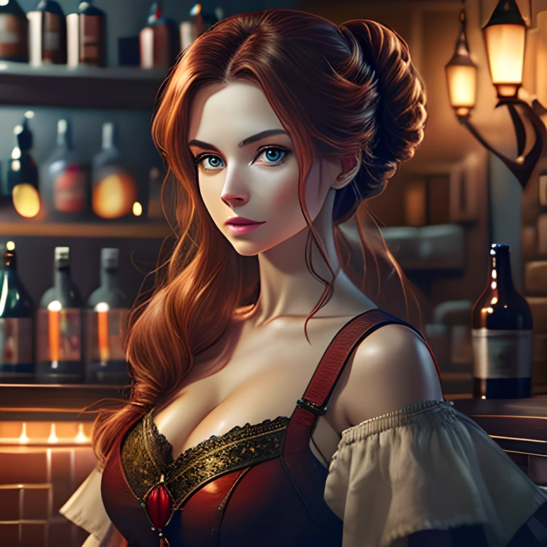 beautiful ginger women in detailed dress at tavern, air above hair, IPA award wining, masterpiece, best aftereffects