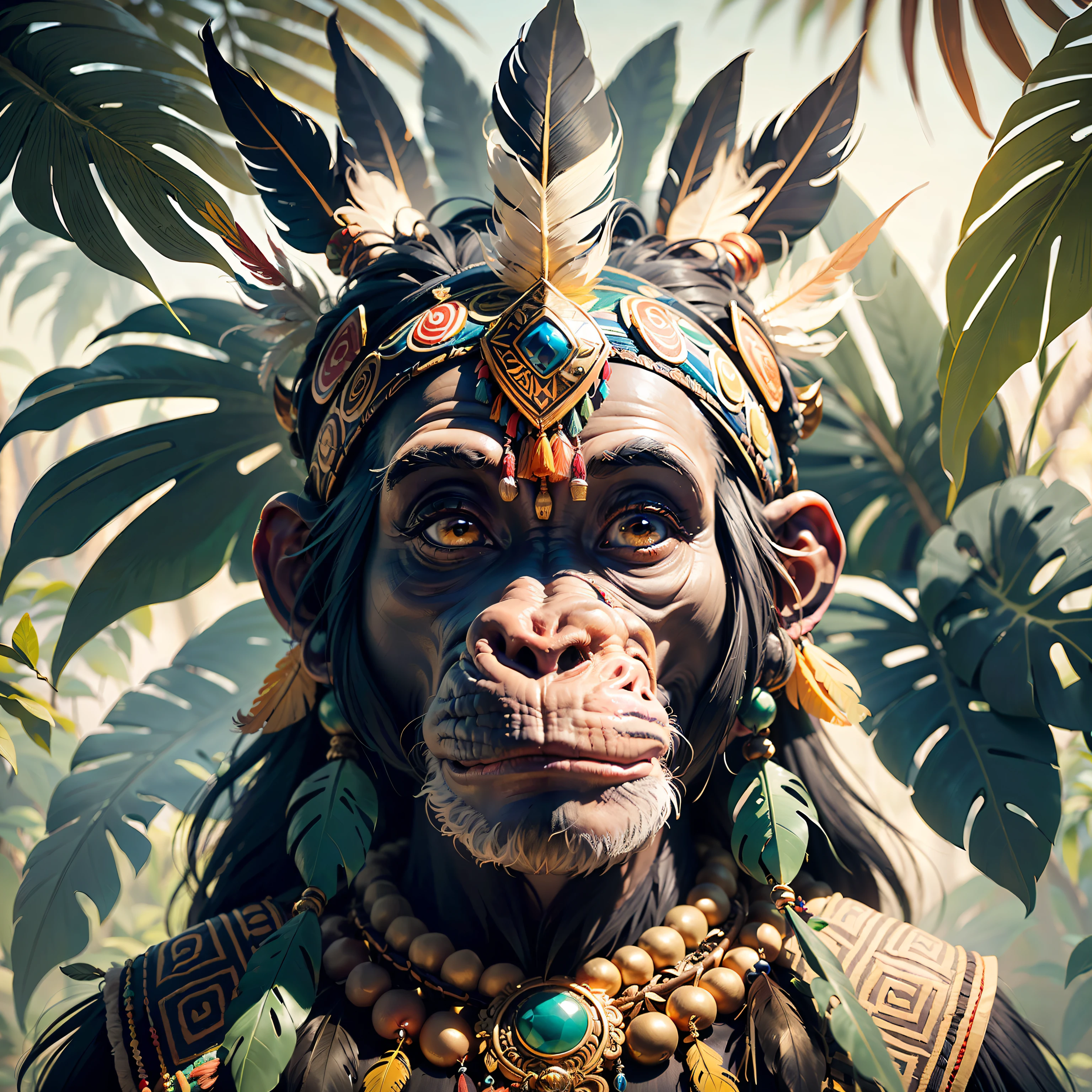 Chimpanzee Head ((Shaman)),,((meditative state),,Shaman, elegant chimpanzee, hair with details, with Indian headdress on head, ((meditating)) many colorful feathers, colorful feathers, facing the camera, detail: dense tropical foliage, highly detailed intricate, ((masterpiece)), ultra hyperrealistic, masterpiece