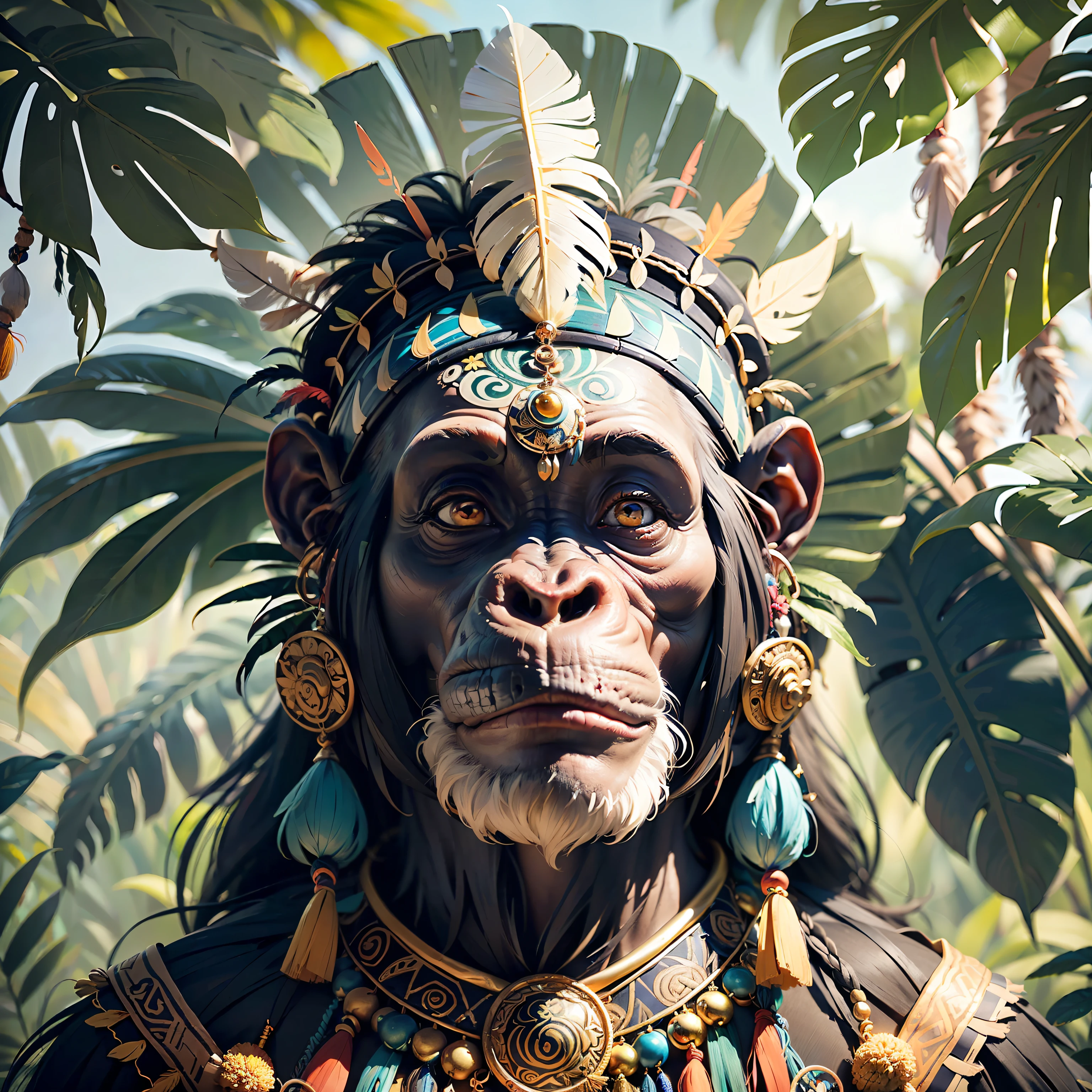 Chimpanzee Head ((Shaman)),,((meditative state),,Shaman, elegant chimpanzee, hair with details, with Indian headdress on head, ((meditating)) many colorful feathers, colorful feathers, facing the camera, detail: dense tropical foliage, highly detailed intricate, ((masterpiece)), ultra hyperrealistic, masterpiece