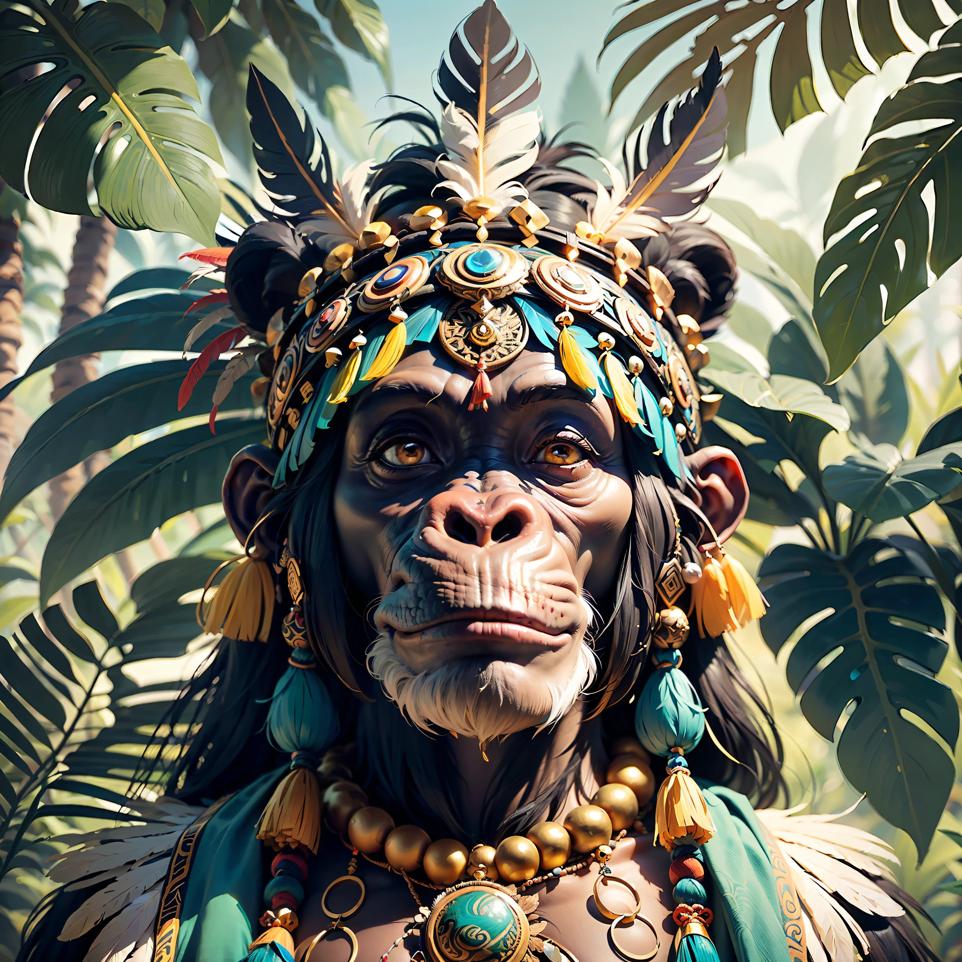 Chimpanzee Head ((Shaman)),,((meditative state),,Shaman, elegant chimpanzee, hair with details, with Indian headdress on head, ((meditating)) many colorful feathers, colorful feathers, facing the camera, detail: dense tropical foliage, highly detailed intricate, ((masterpiece)), ultra hyperrealistic, masterpiece