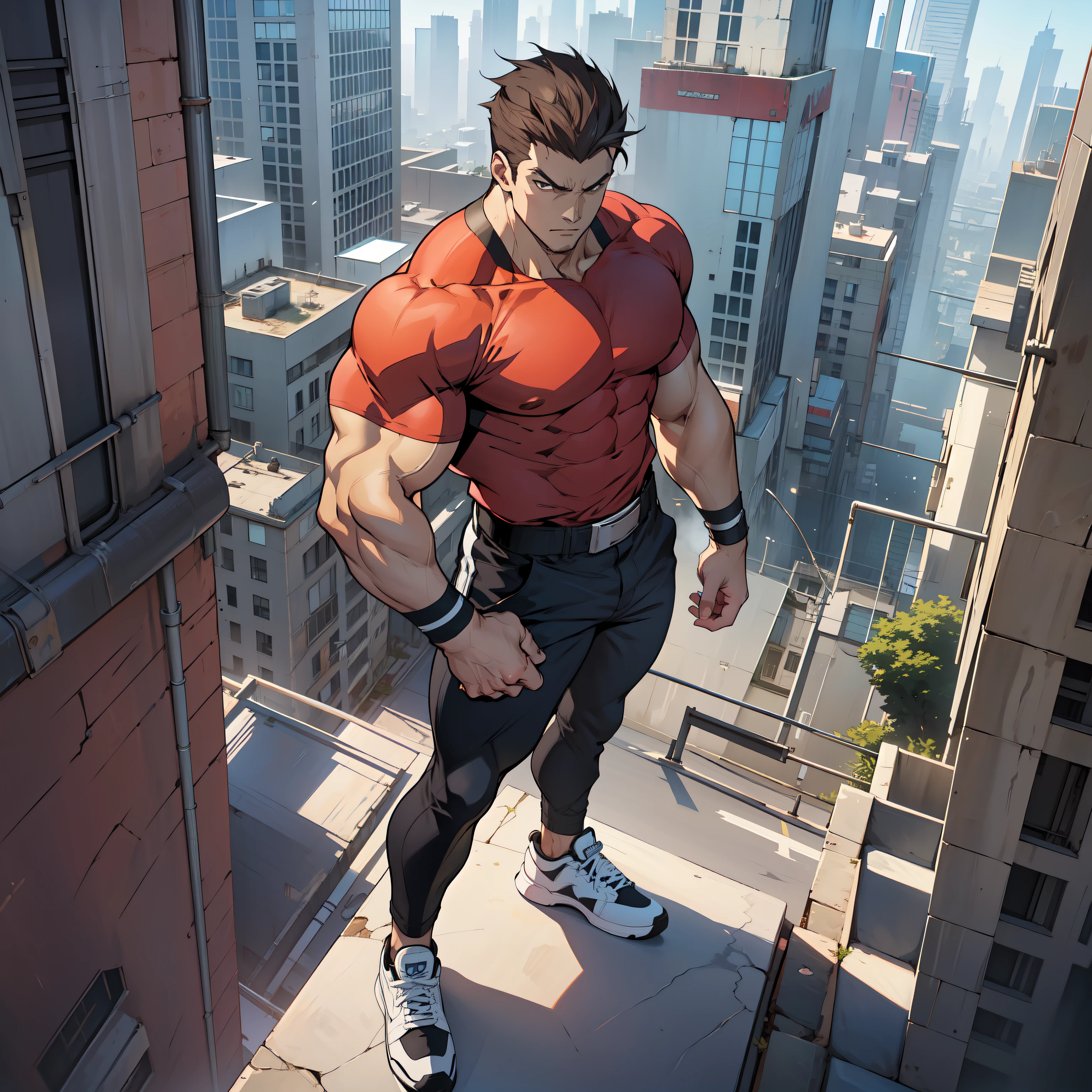 (((Anime-style art))), high quality, photo at a high angle, full body, showing an extremely muscular male character, bodybuilder body. The Character is wearing a red blouse with black sleeves, is wearing black pants, is wearing white sneakers. The character has short dark brown hair, the character is extremely muscular, is a hero in an imposing pose. The character is on top of a tall building looking out over the city of it. Tall buildings, urban setting, muscular male character.