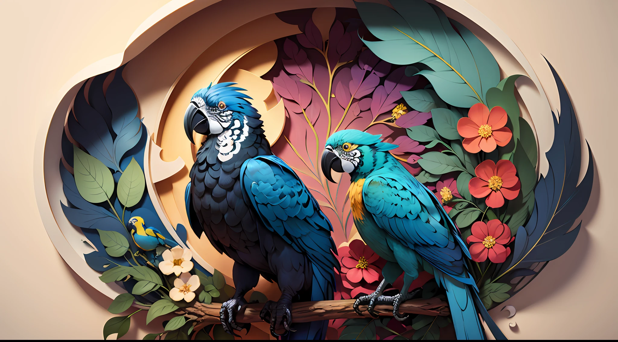 ((masterpiece)))), bestquality, illustration, beautifuldetailedglow, paper_cut, wallpaper,blue macaw