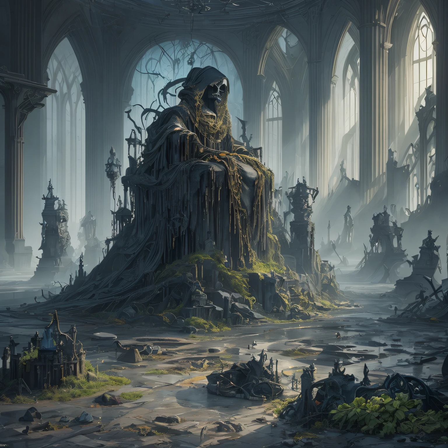 Apocalyptic landscape, several towers in the shape of thorns dripping blood between them, in the center of the image a great throne of thorns with a hundred skulls, oil painting, lighting effects, horror art, dark art, black art, asthetic art