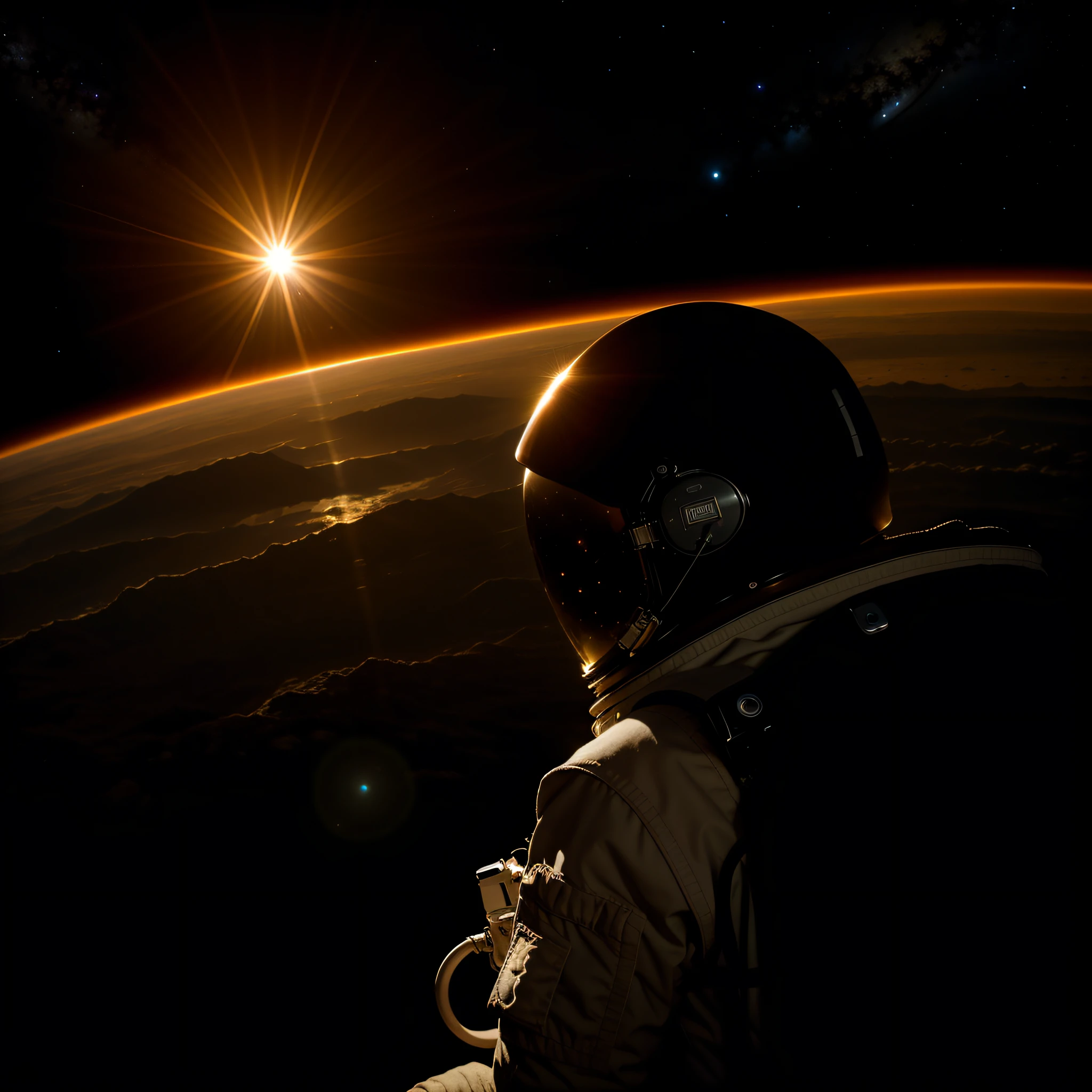 RAW photo, absurdres, high quality, photorealistic,
landscape, space, astronaut, looking at viewer, sun,
ultra-detailed, 50mm, f1. 4, 8k uhd, film grain