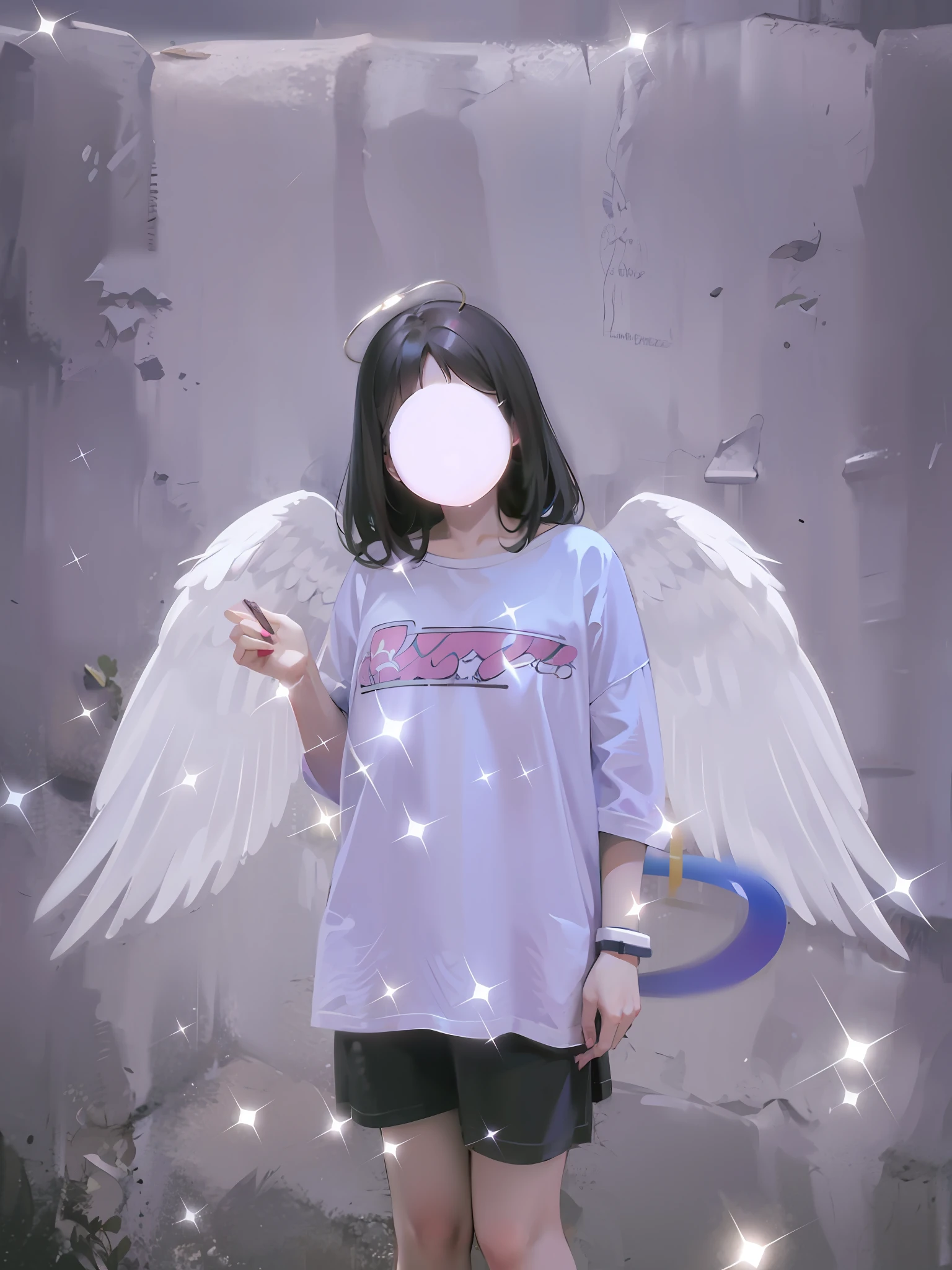 there is a woman with wings and a bubble bubble in her hand, wearing angel, wearing angel halo, angel girl, girl with angel wings, big white glowing wings, angel themed, super wide angel, angel-themed, of an beautiful angel girl, white wings, with real wings, angelic, angelic halo, wide angel, angelic wings, ulzzang, angel halo