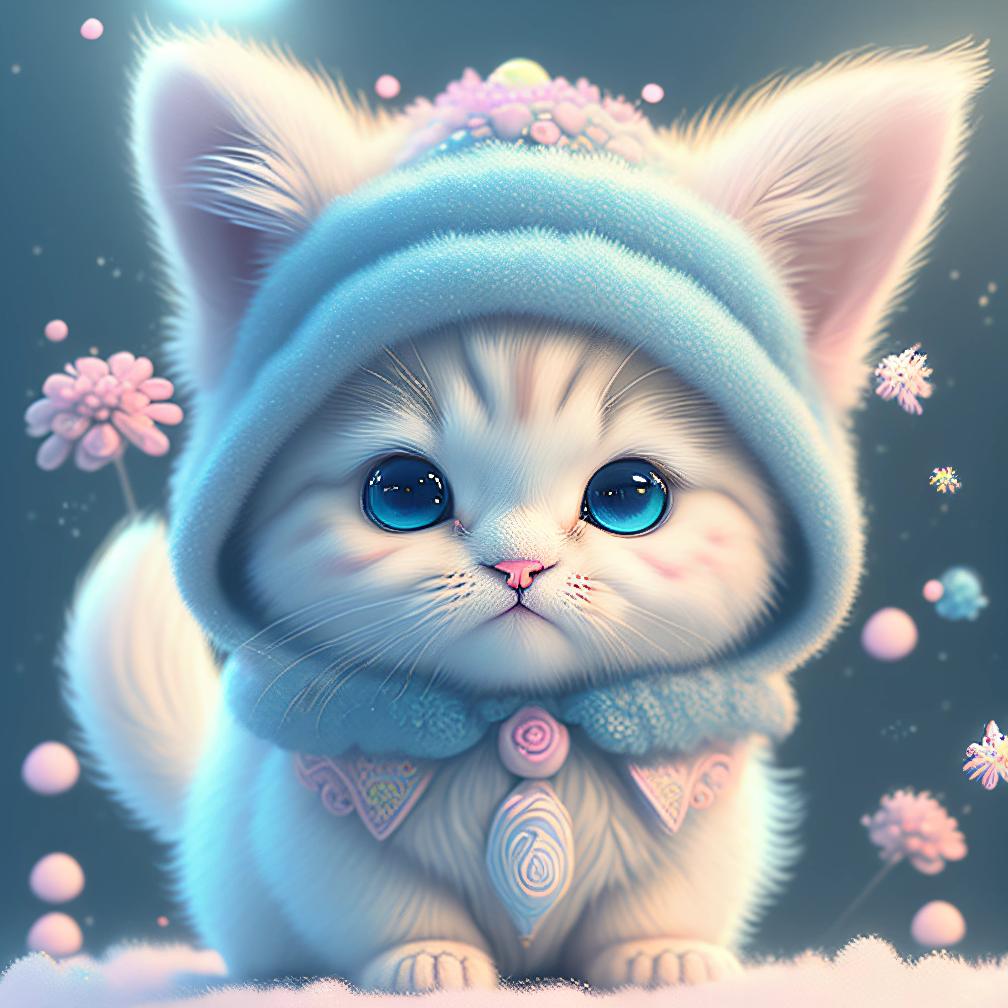 In this ultra-detailed CG art, the adorable kitten surrounded by floral flower, Pastel and neon colors, best quality, high resolution, intricate details, fantasy, cute animals